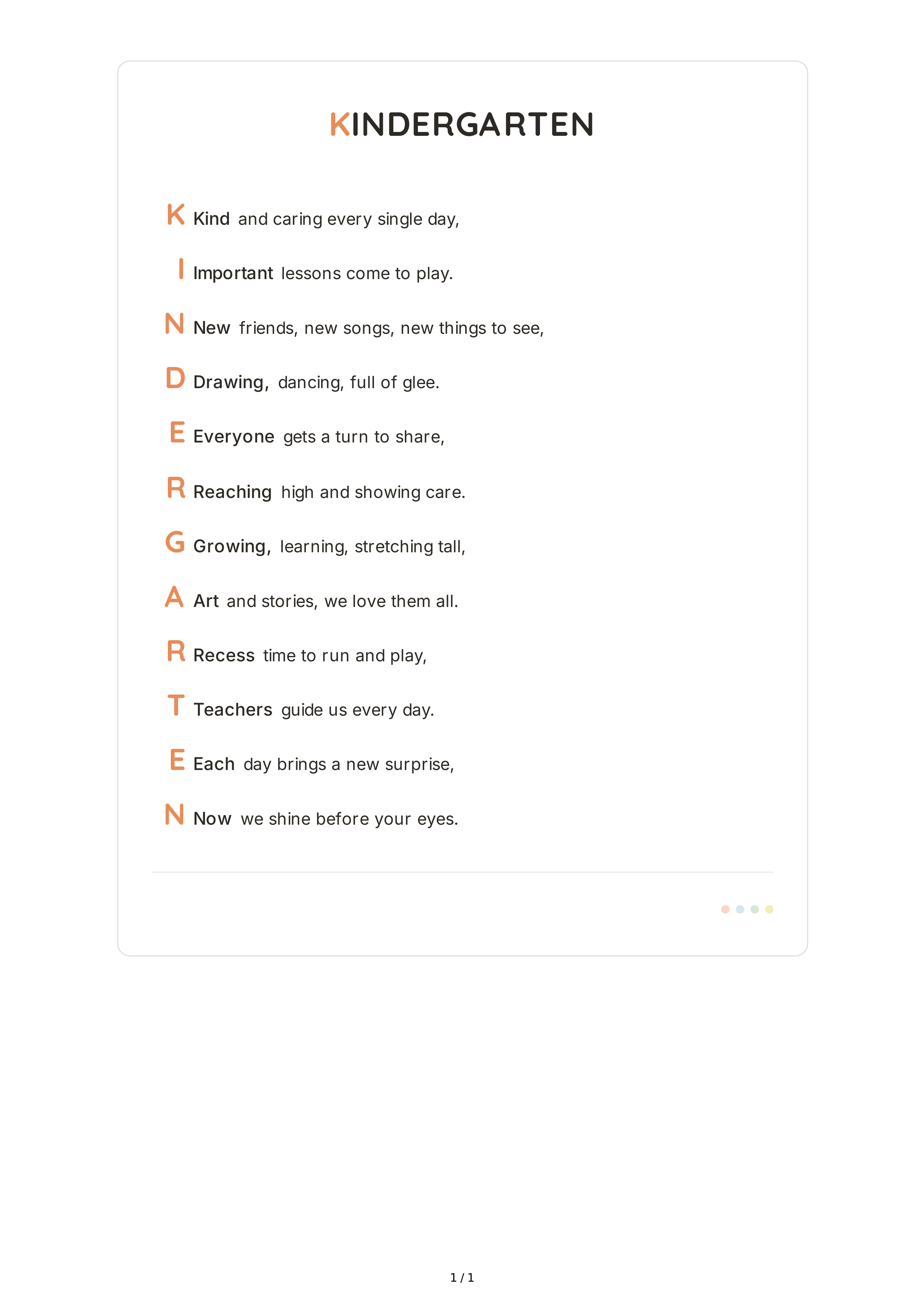Kindergarten Acrostic Poem — page 1
