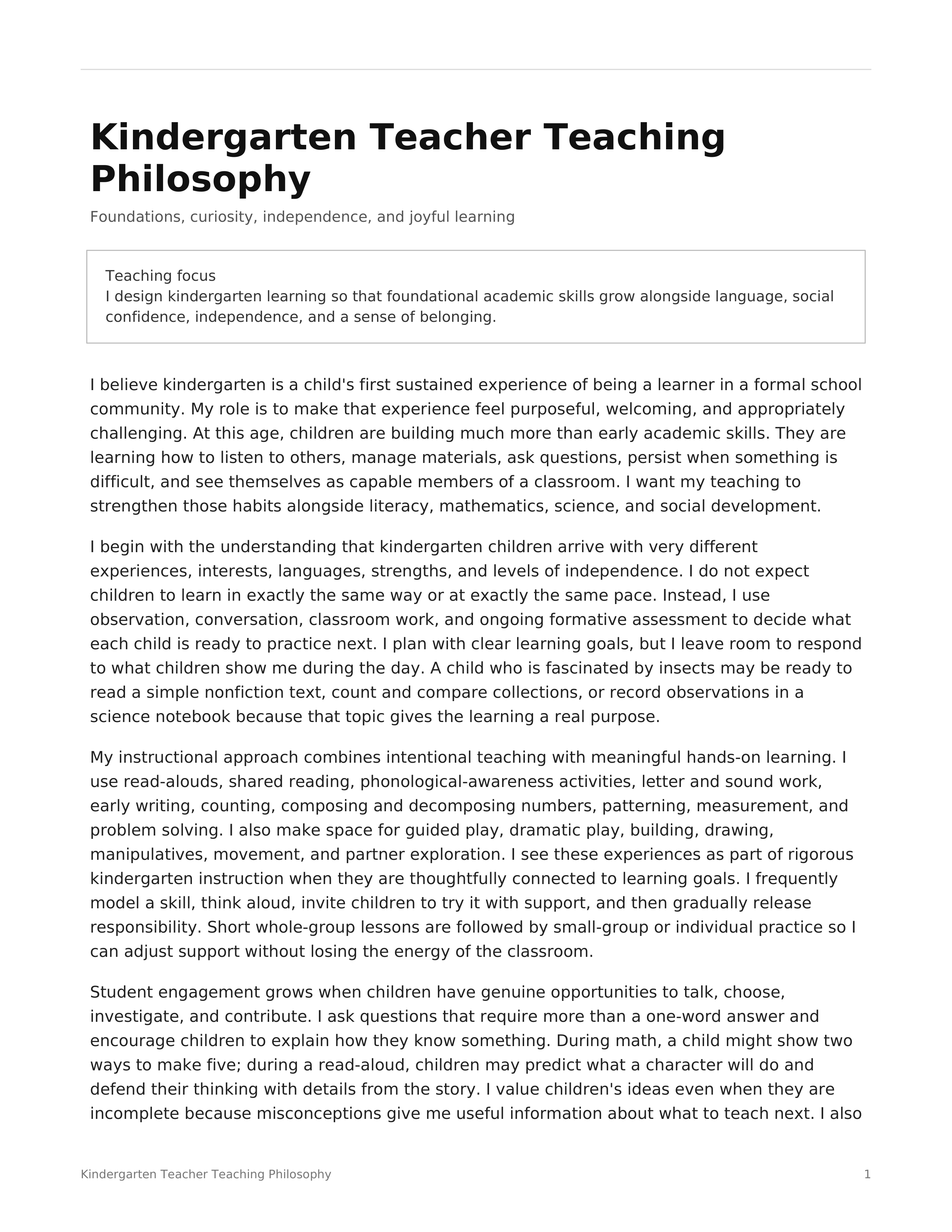 Kindergarten Teacher Teaching Philosophy — page 1