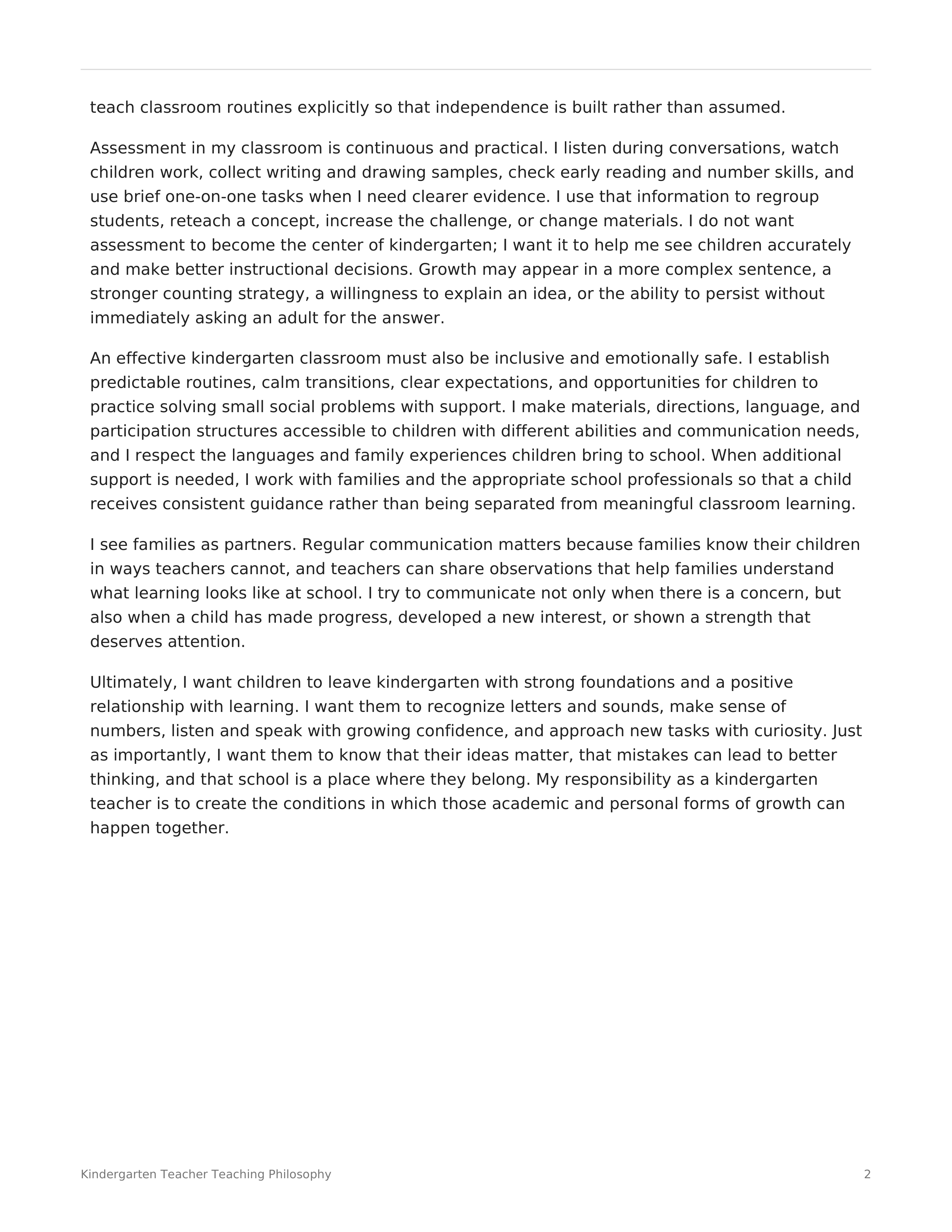 Kindergarten Teacher Teaching Philosophy — page 2