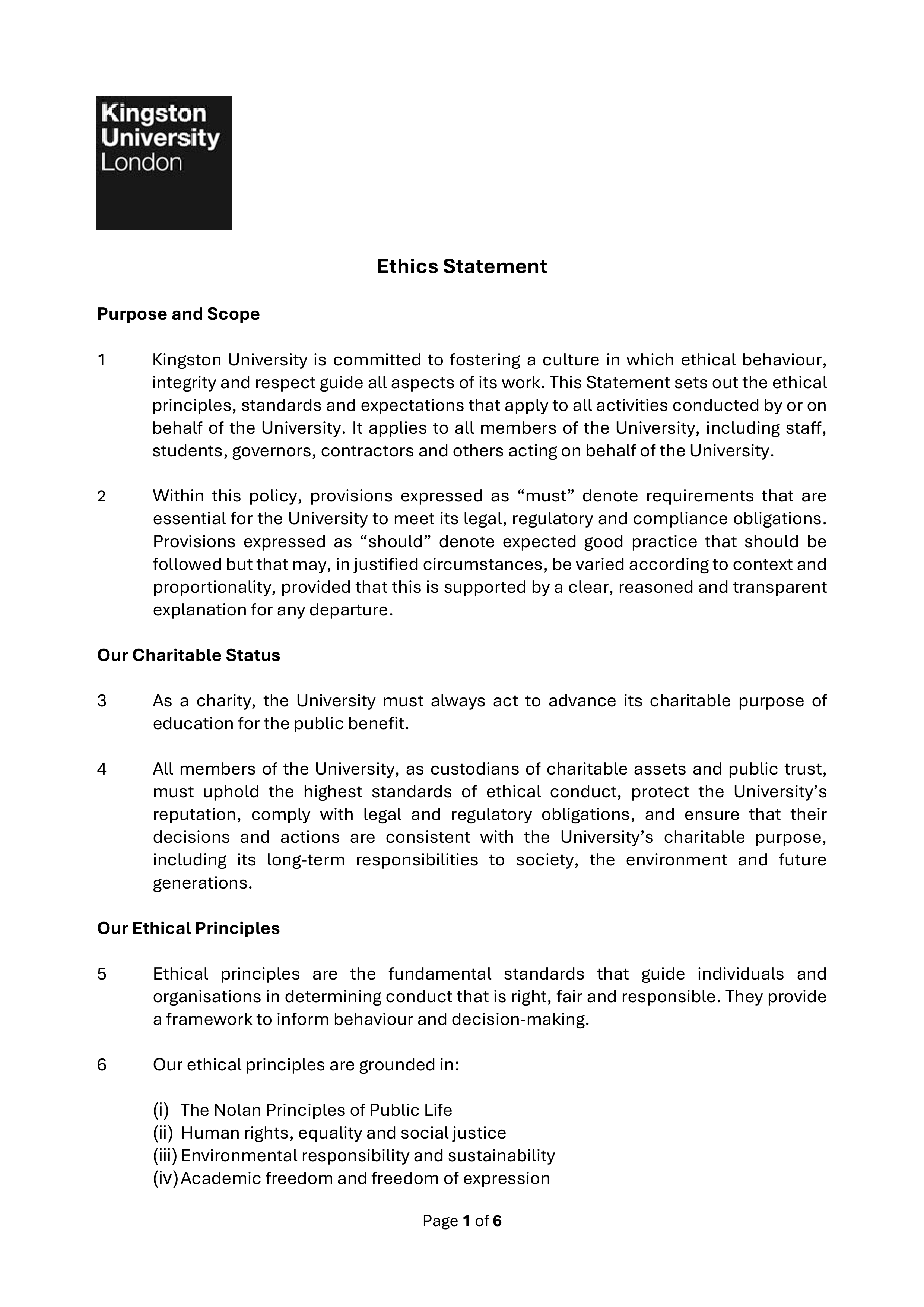 Kingston University Ethics Statement — page 1