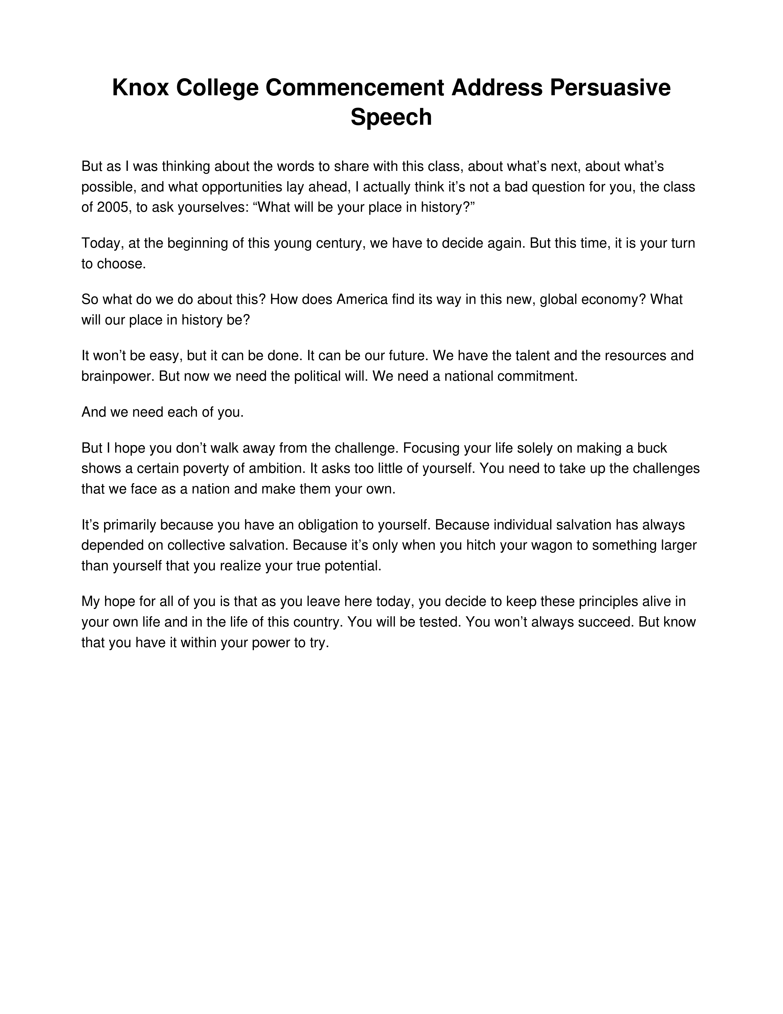 Knox College Commencement Address Persuasive Speech — page 1