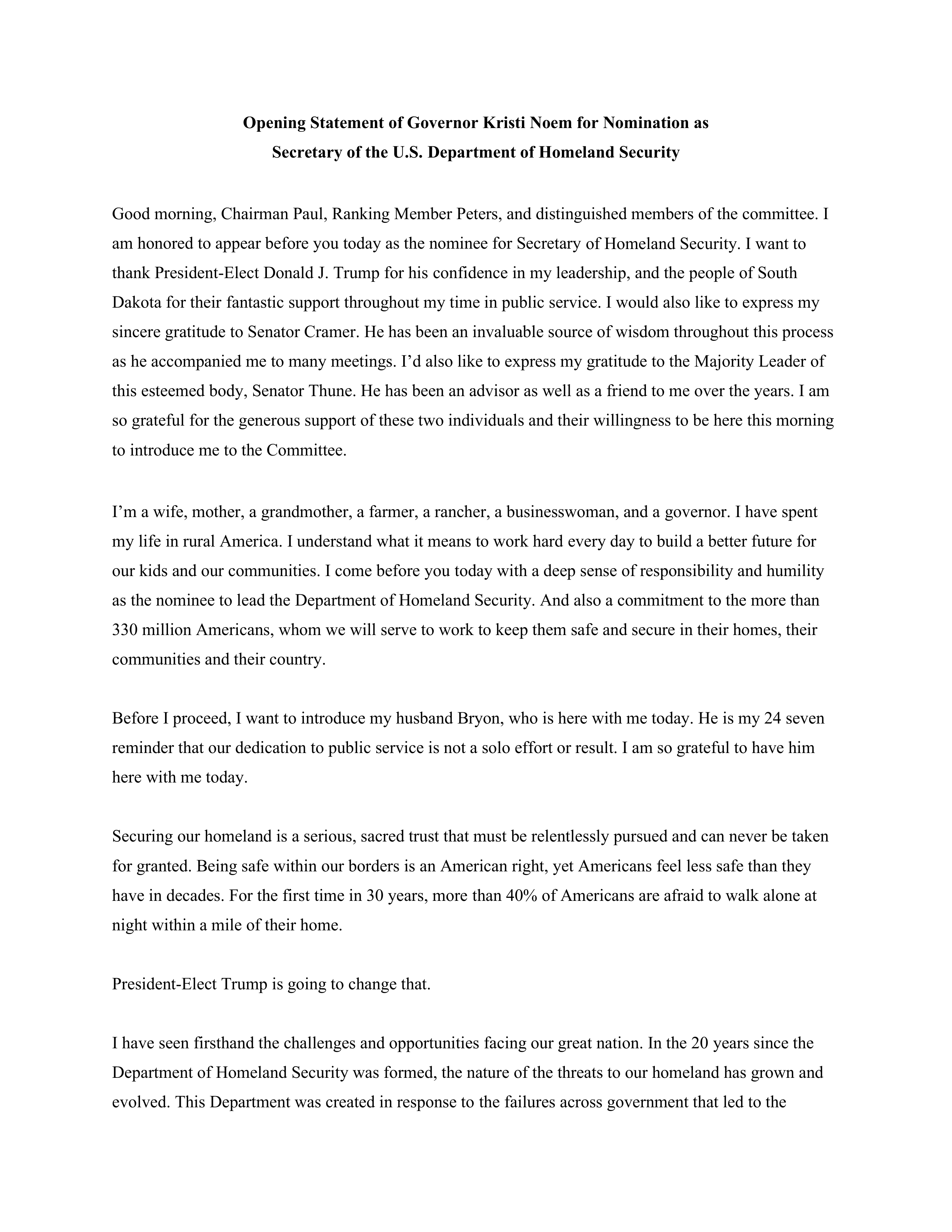 Kristi Noem DHS Confirmation Opening Statement — page 1