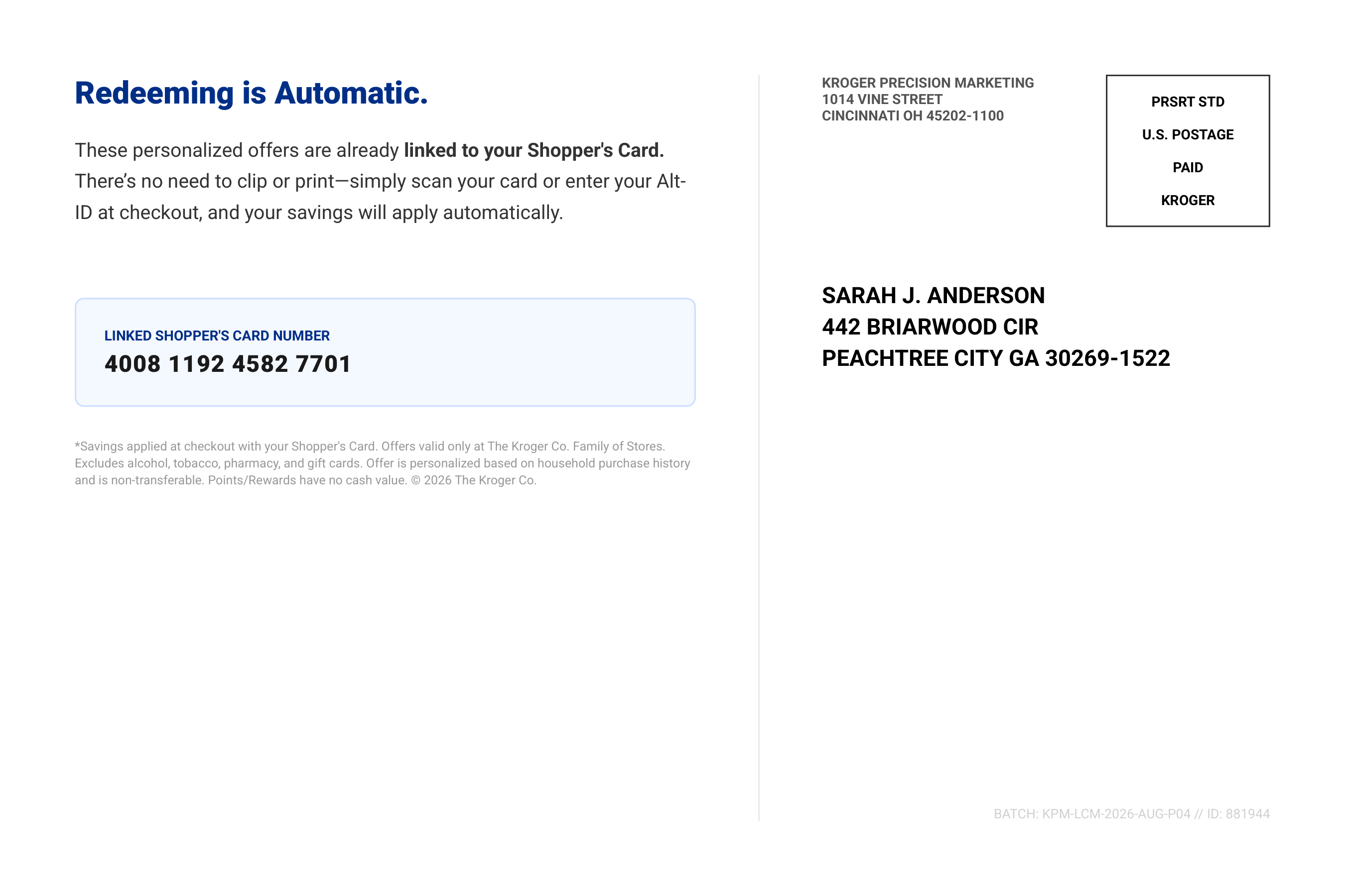 Kroger Loyal Customer Mailer Personalized Coupon Postcard — page 2