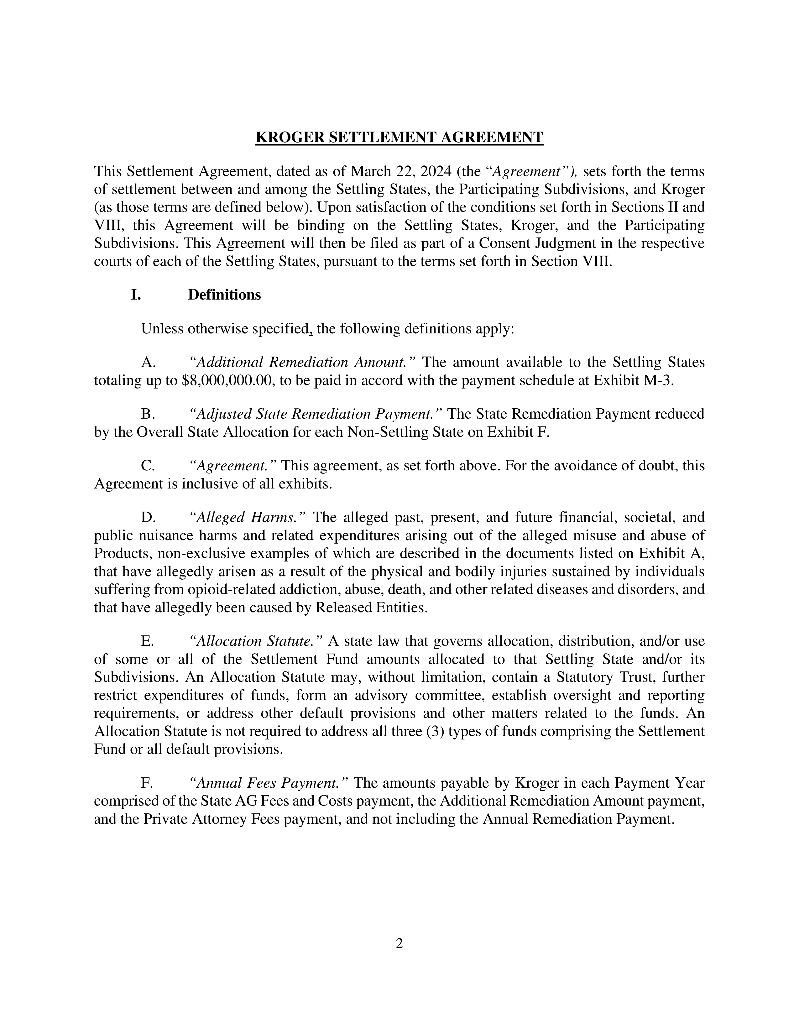 Kroger Multistate Settlement Agreement — page 1