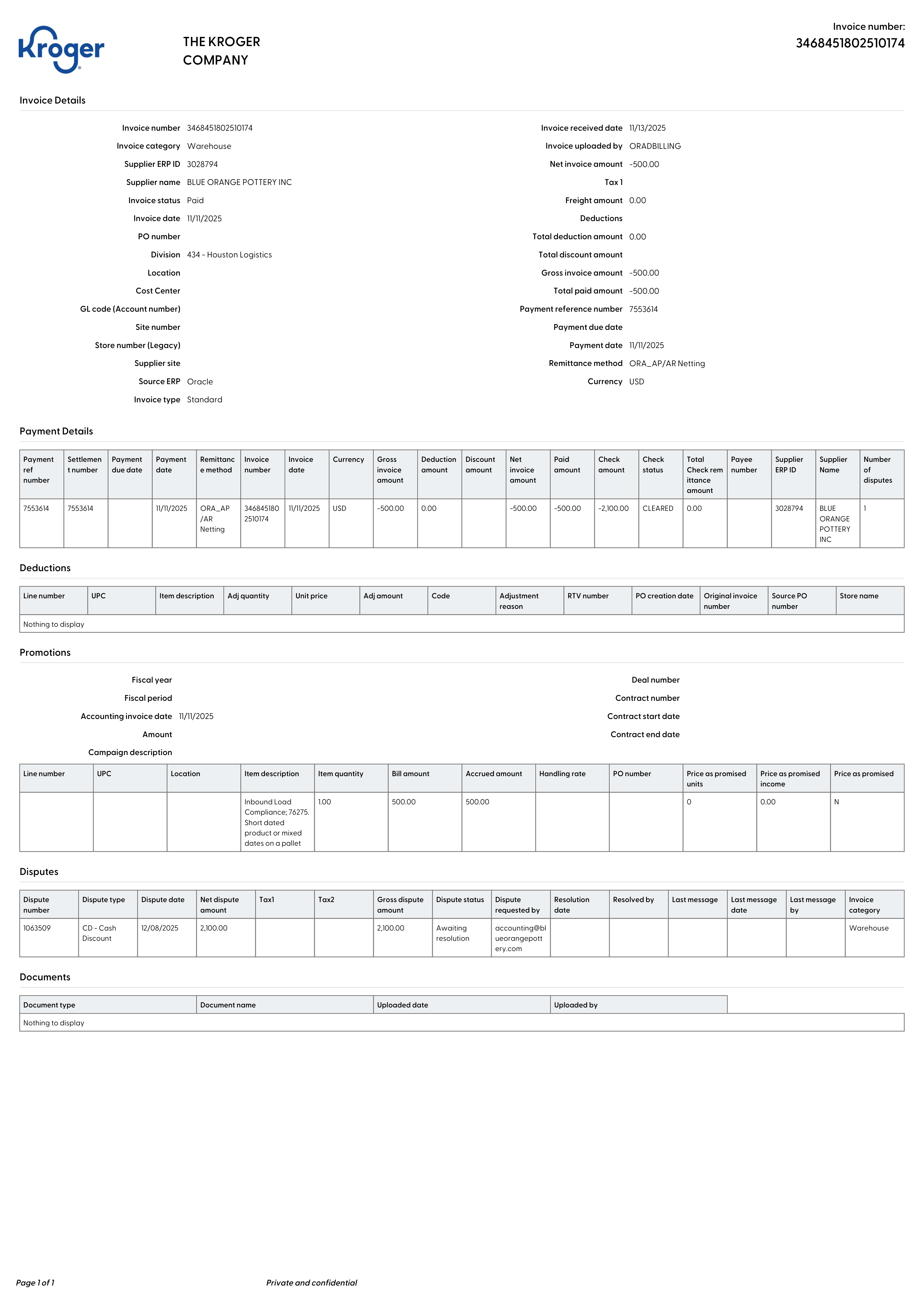 Kroger Supplier Invoice — page 1