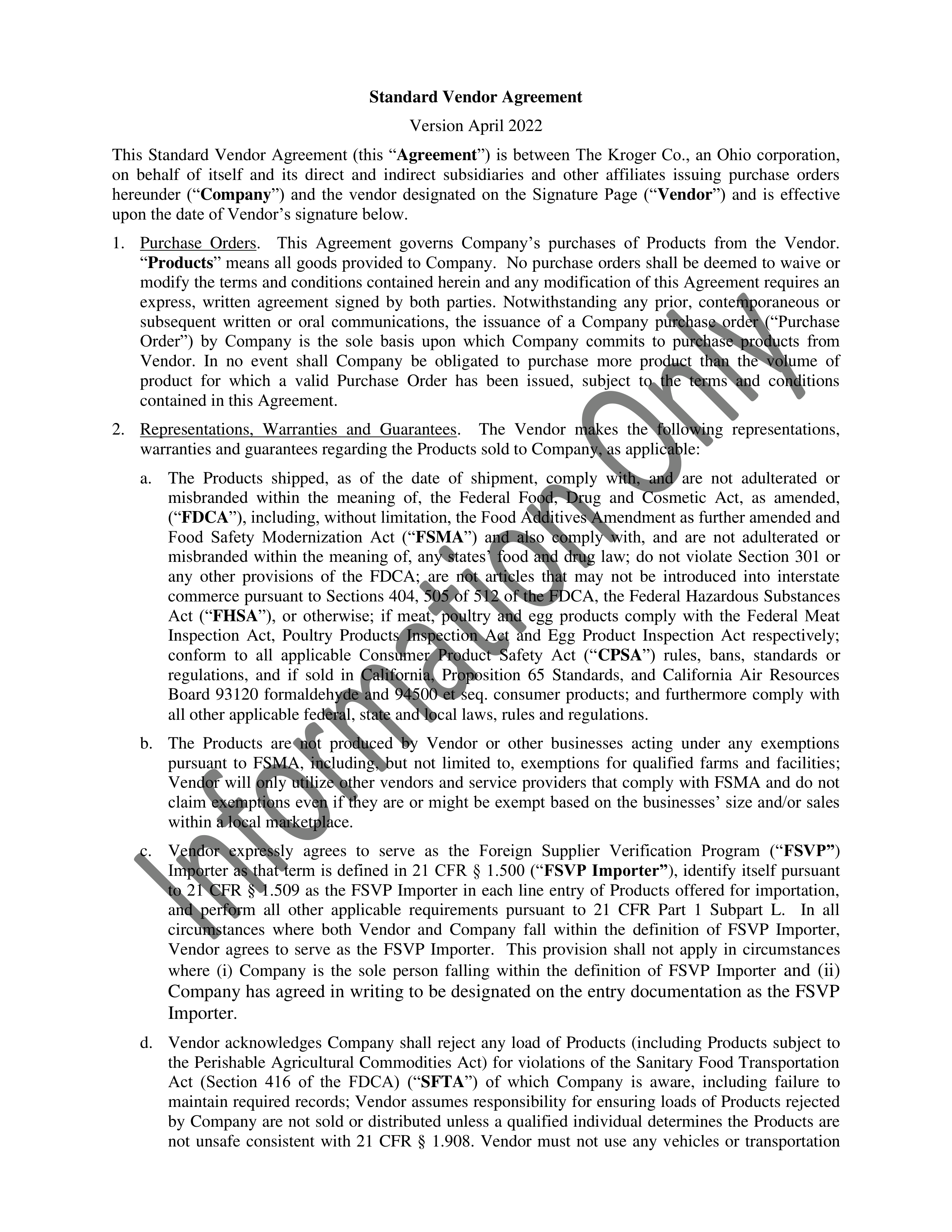 Kroger Vendor Agreement — page 1