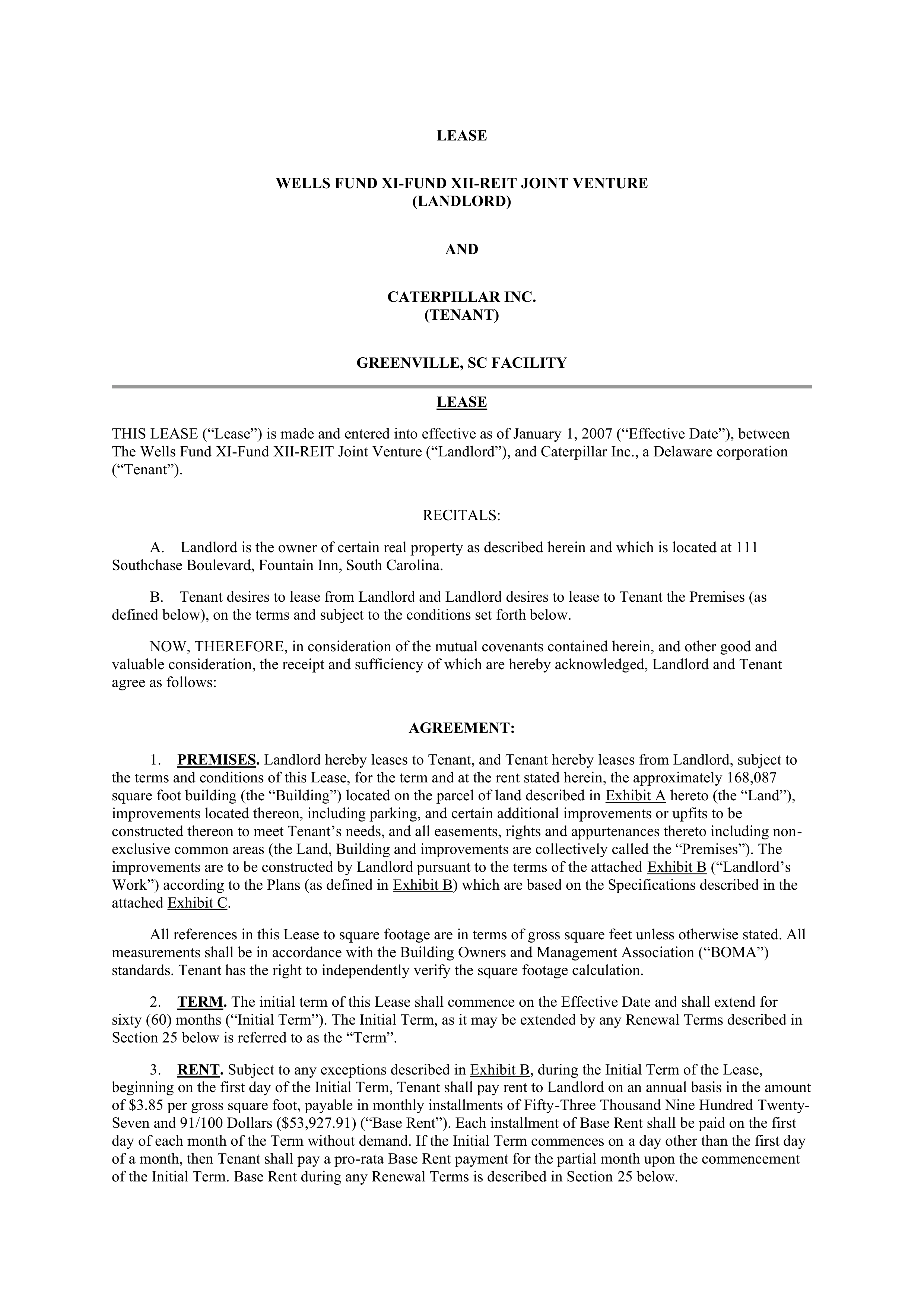 LEASE AGREEMENT WITH CATERPILLAR — page 1