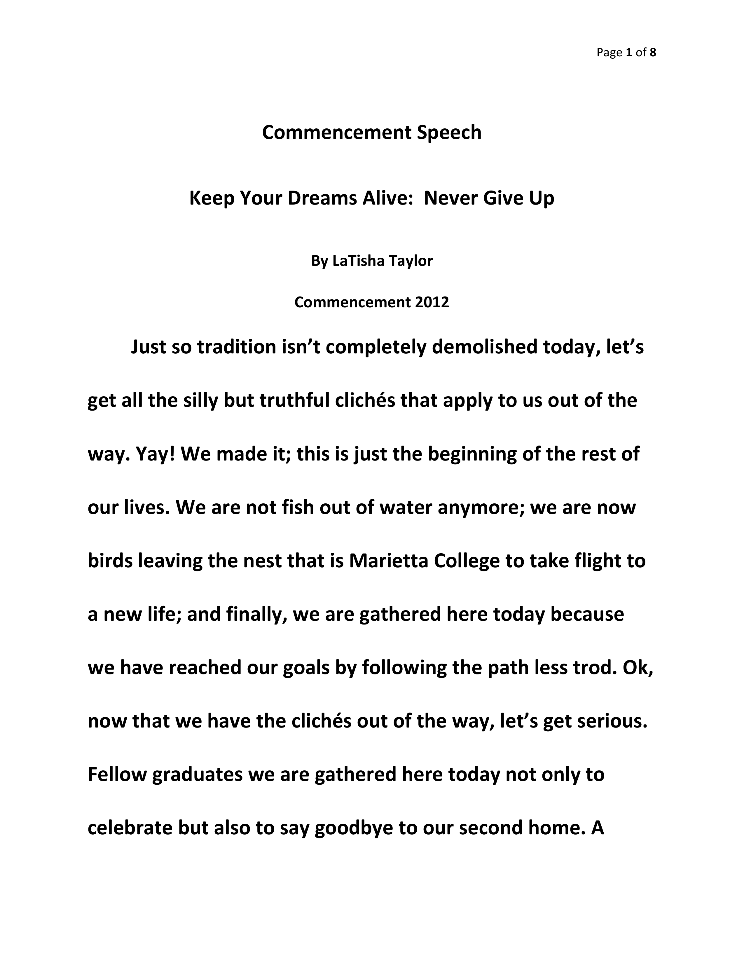 LaTisha Taylor Commencement Speech — page 1