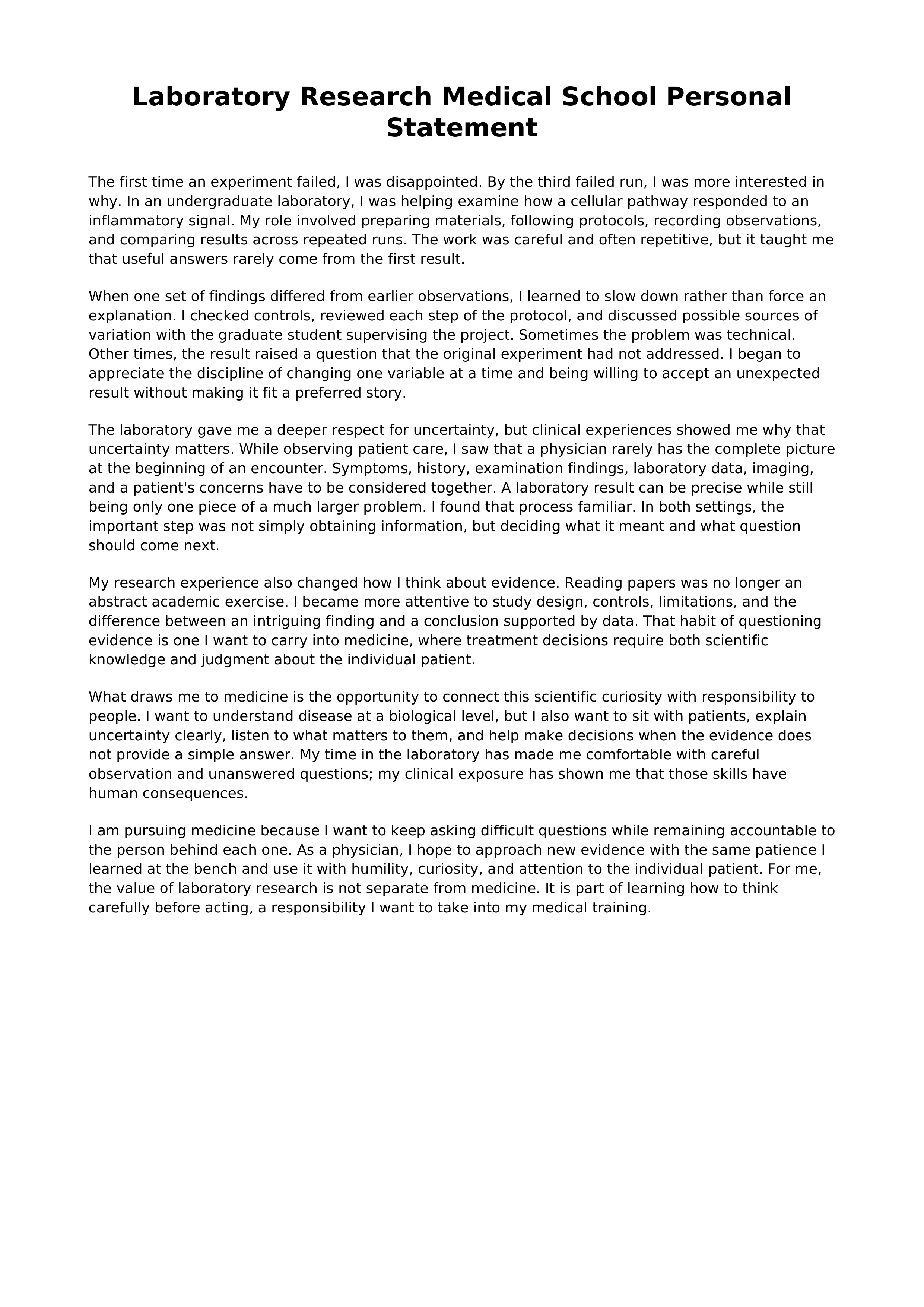 Laboratory Research Medical School Personal Statement — page 1