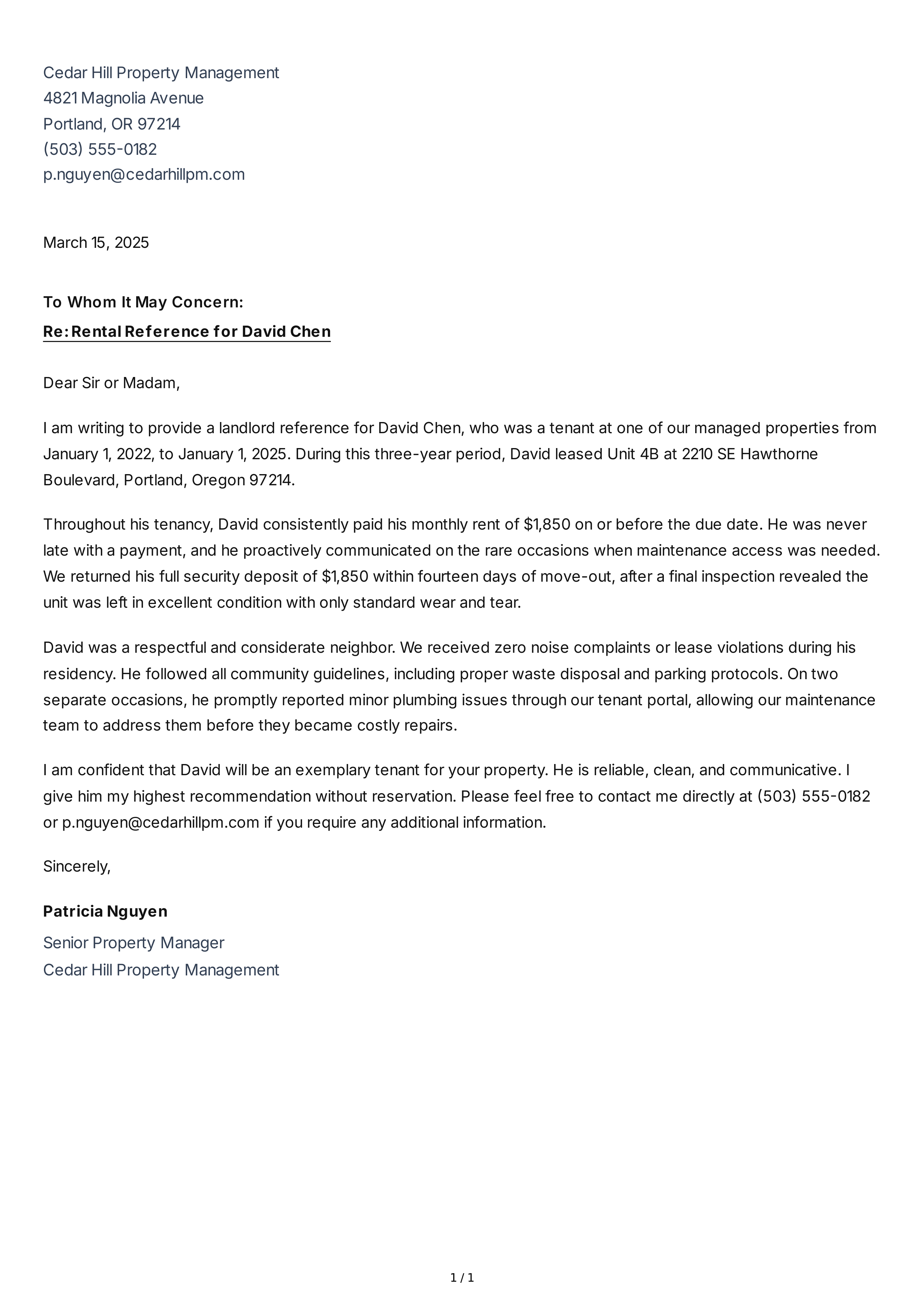 Landlord Reference Letter — page 1