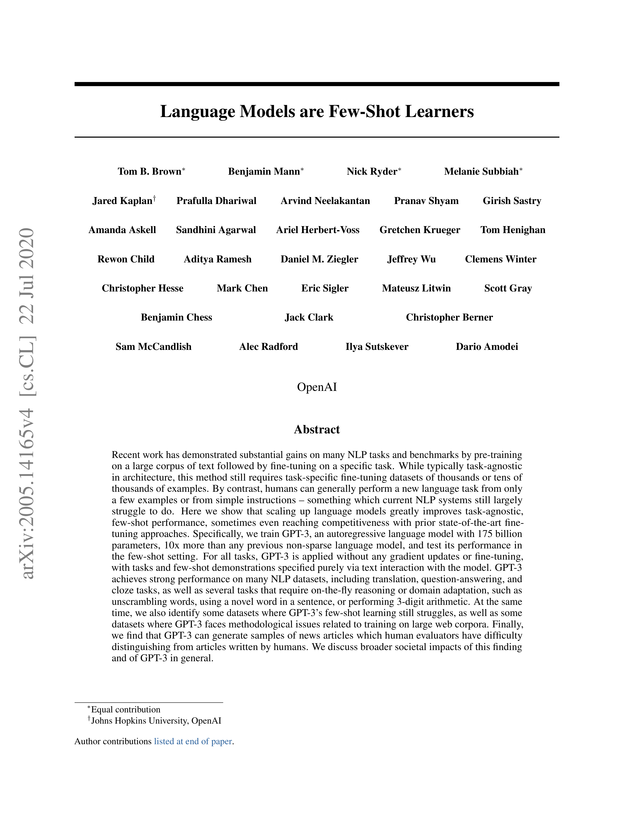 Language Models are Few-Shot Learners Research Paper by OpenAI — page 1