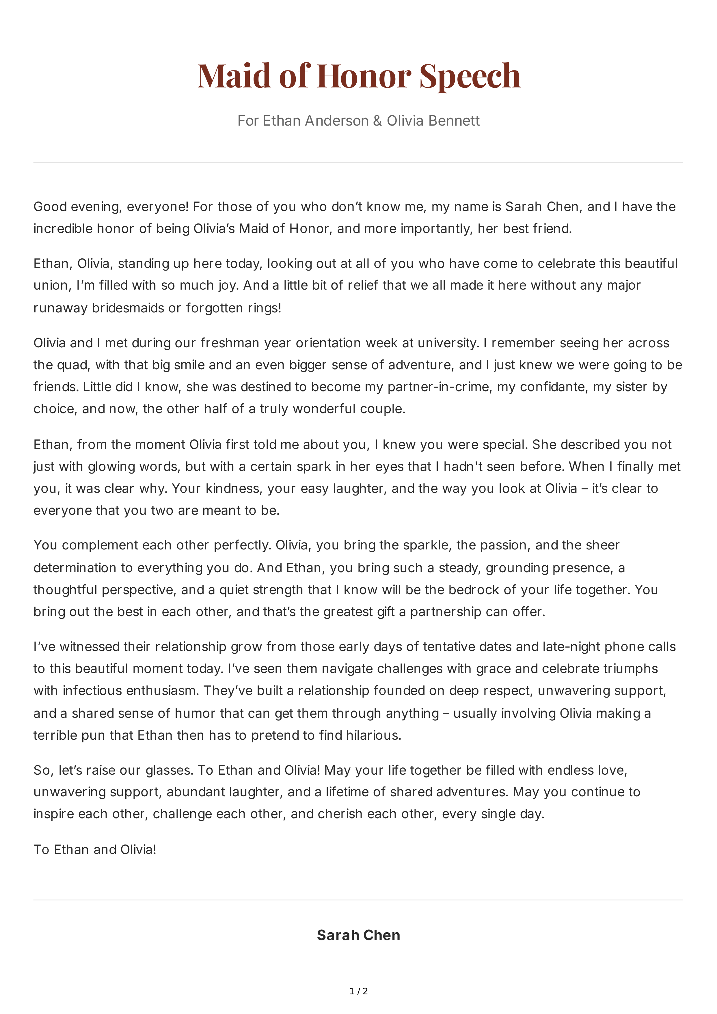 Large Wedding Maid of Honor Speech — page 1