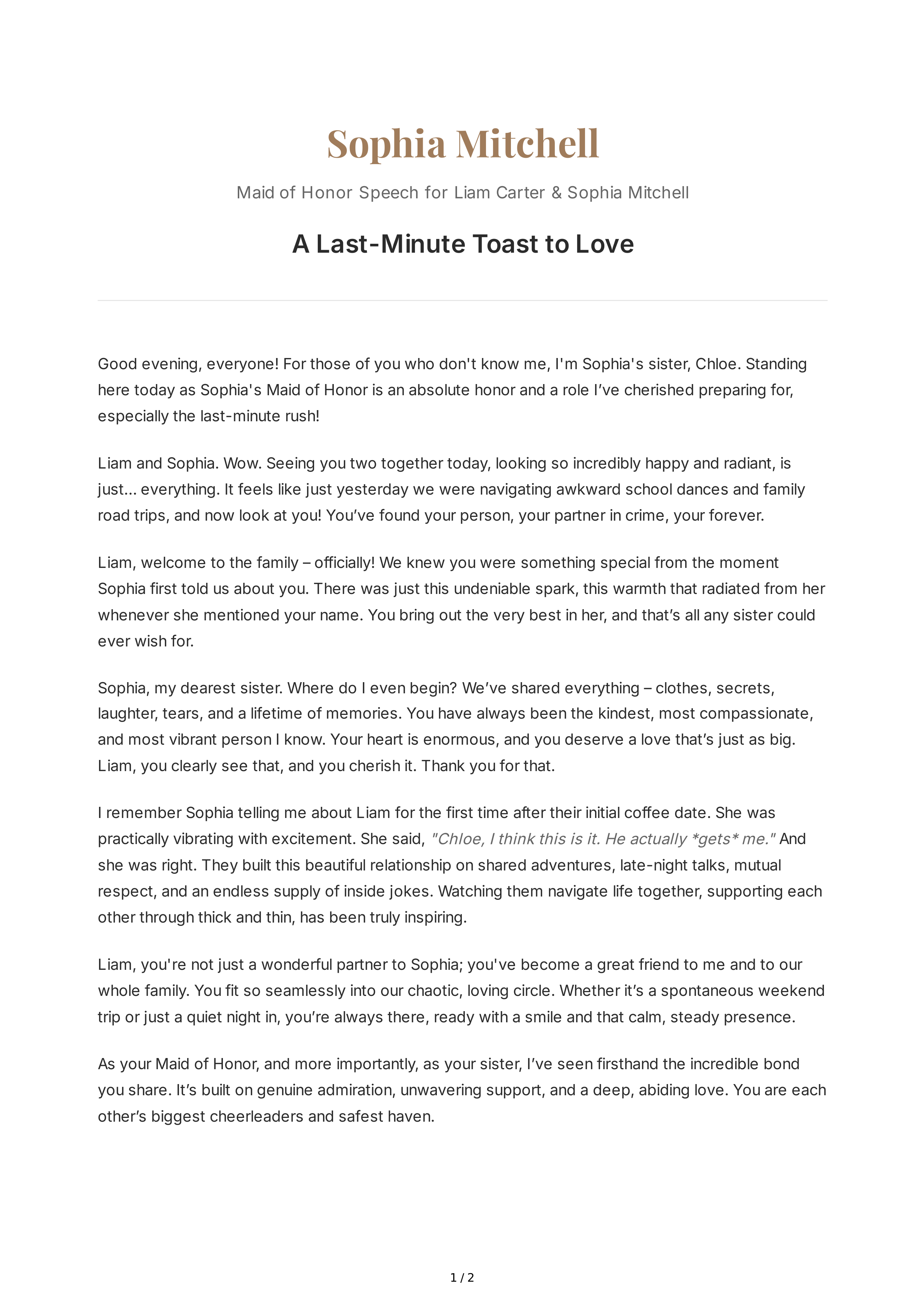 Last-Minute Maid of Honor Speech — page 1
