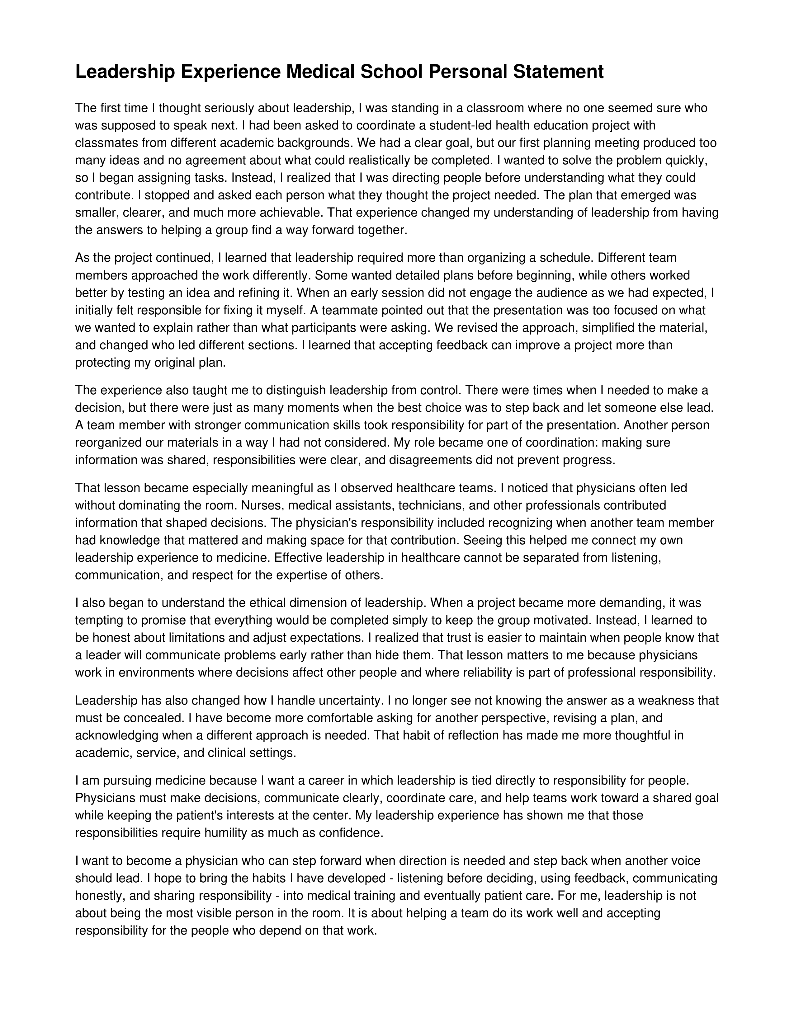 Leadership Experience Medical School Personal Statement — page 1