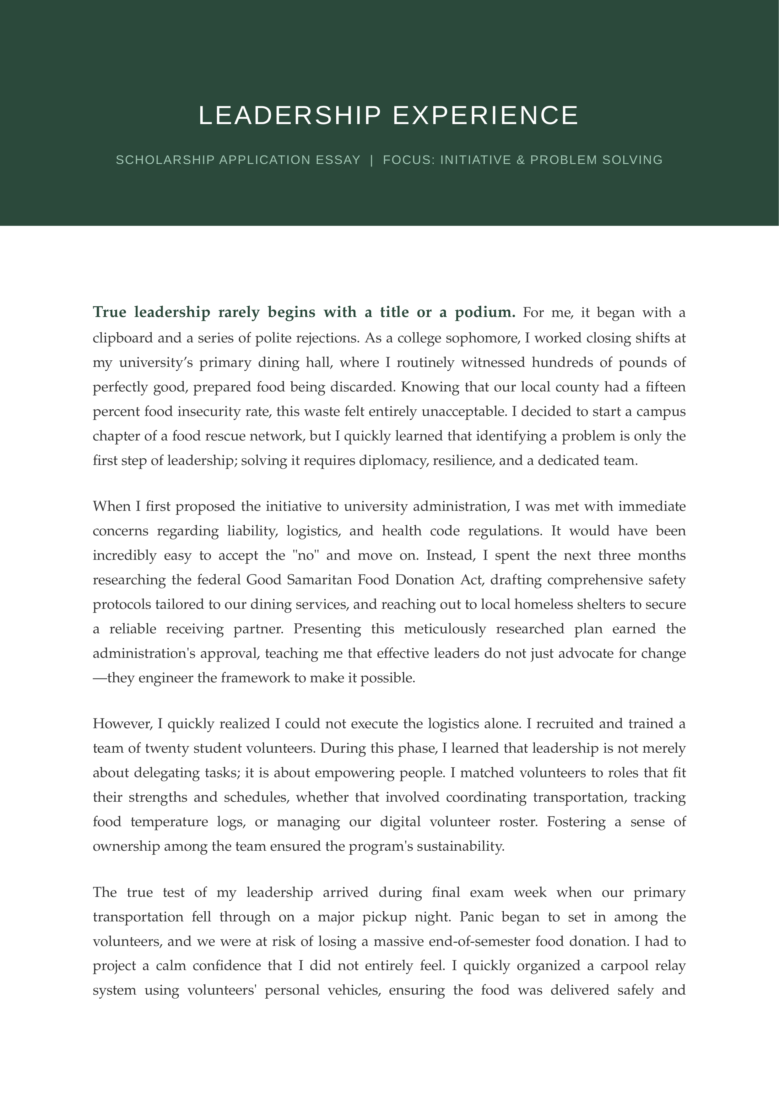 Leadership Experience Scholarship Essay — page 1