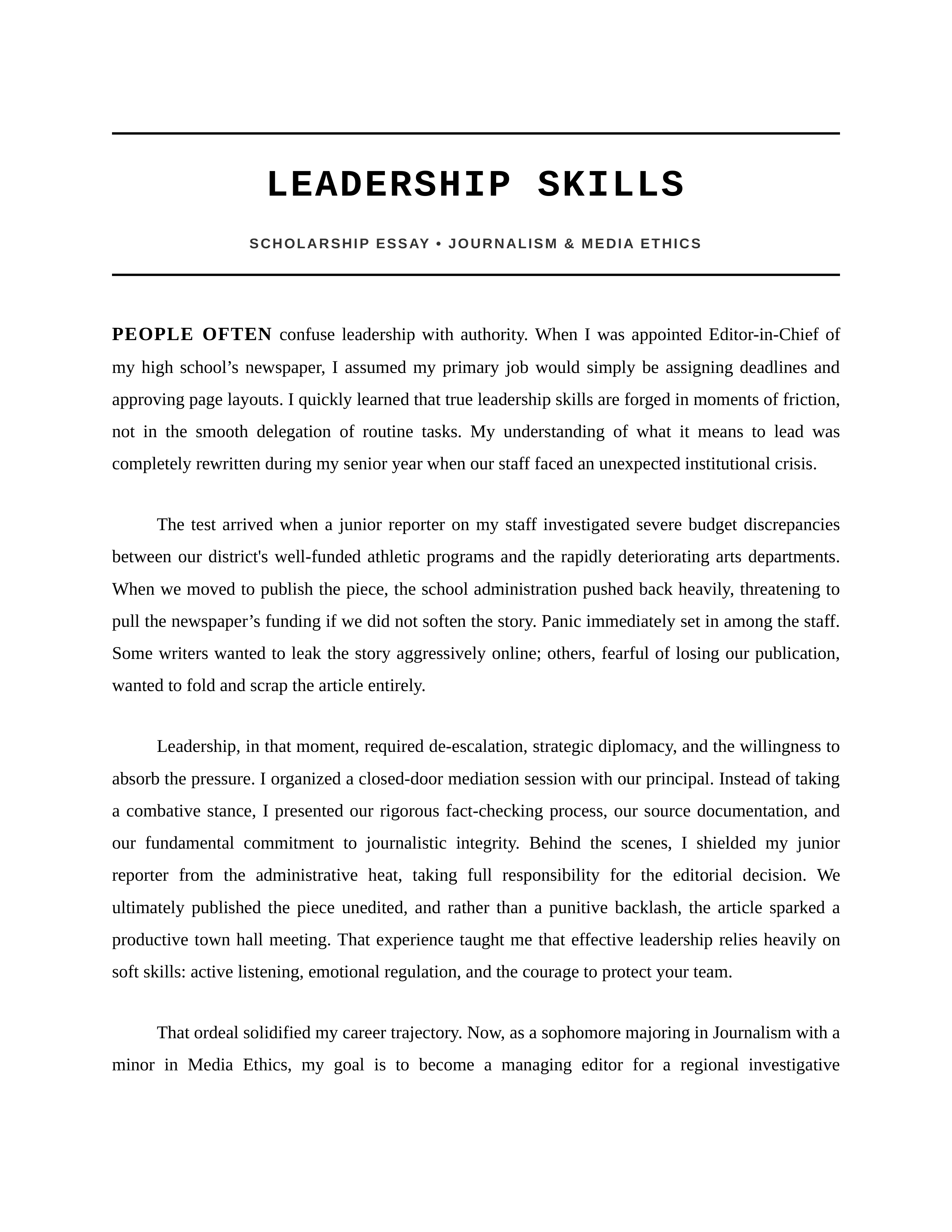 Leadership Skills Scholarship Essay — page 1