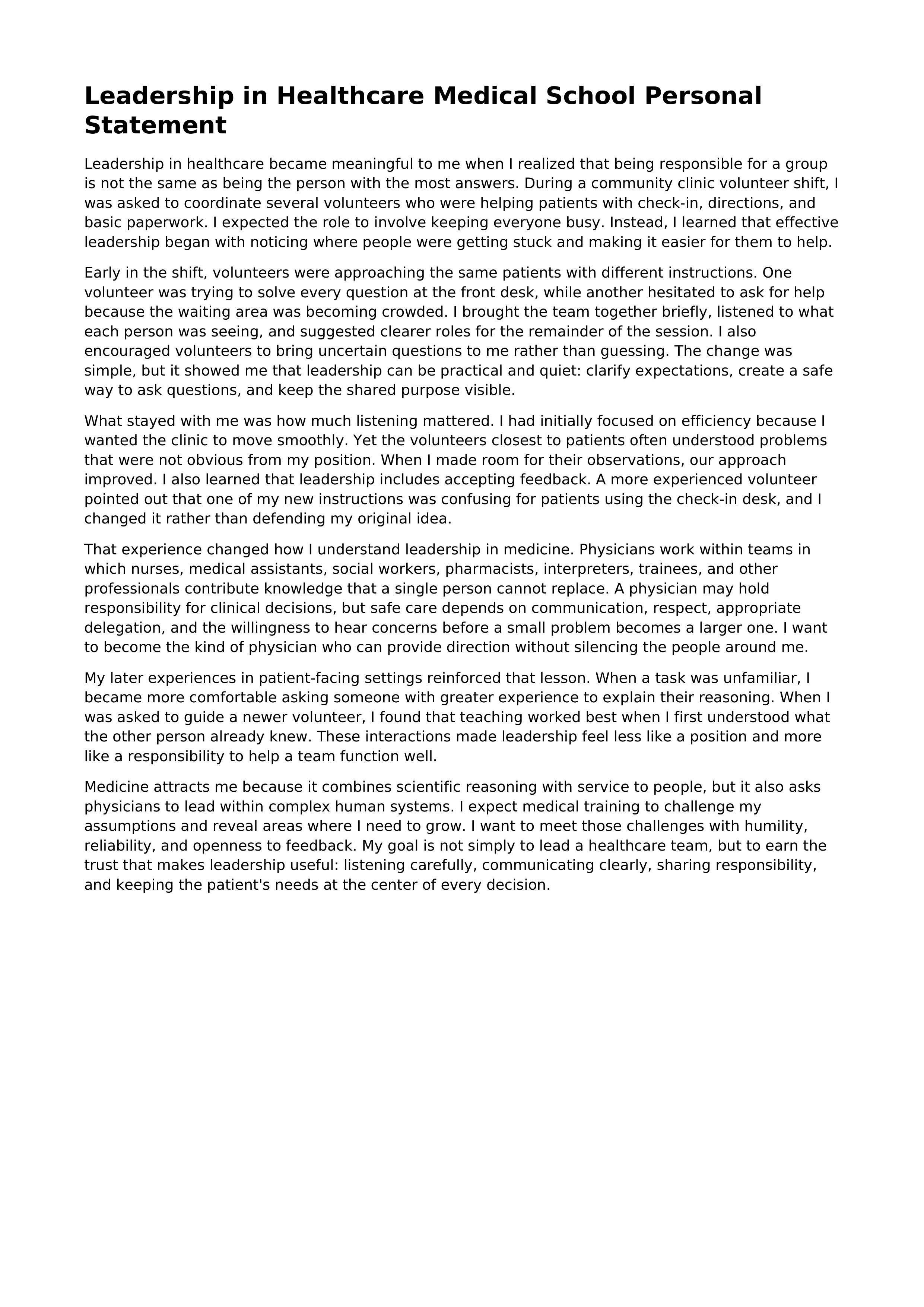 Leadership in Healthcare Medical School Personal Statement — page 1