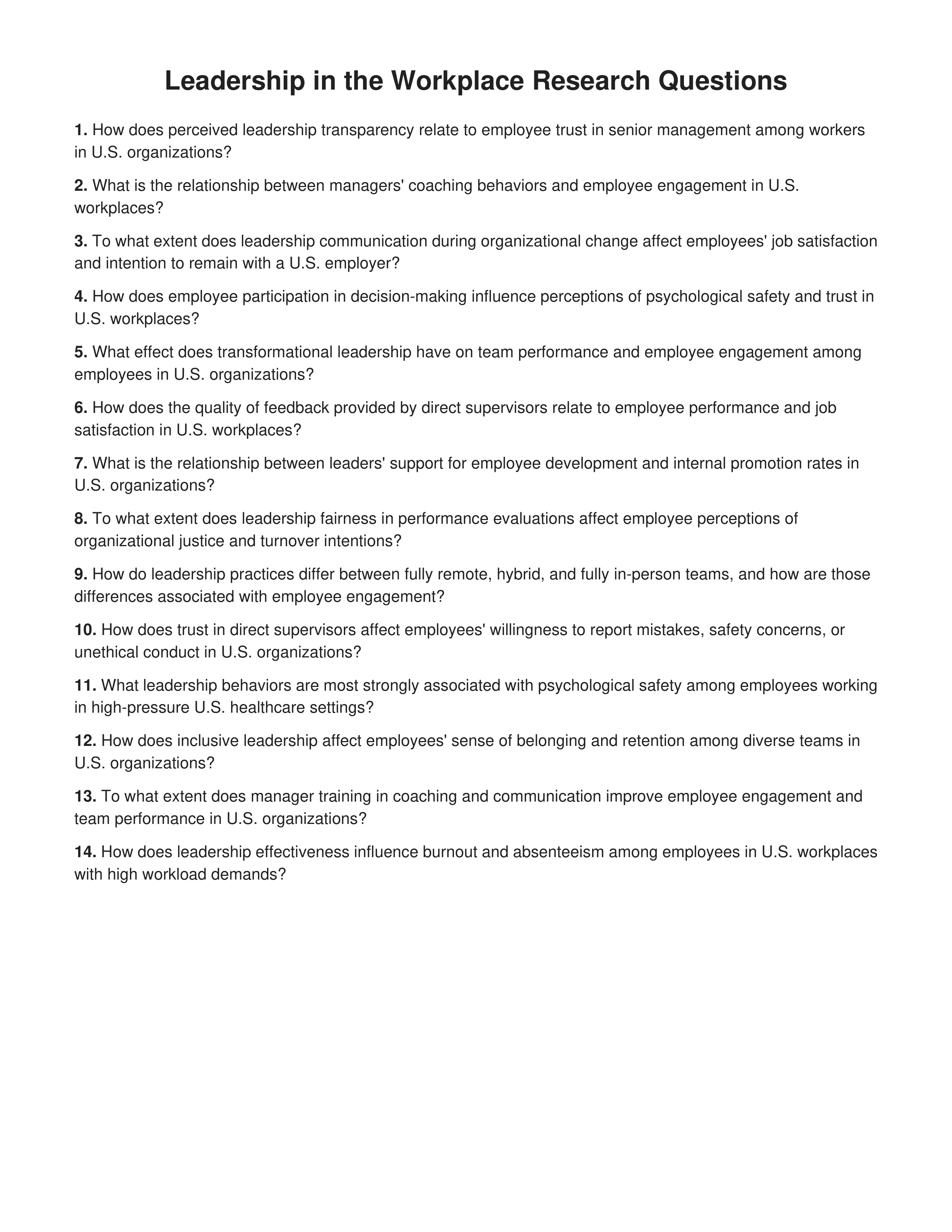 Leadership in the Workplace Research Questions — page 1