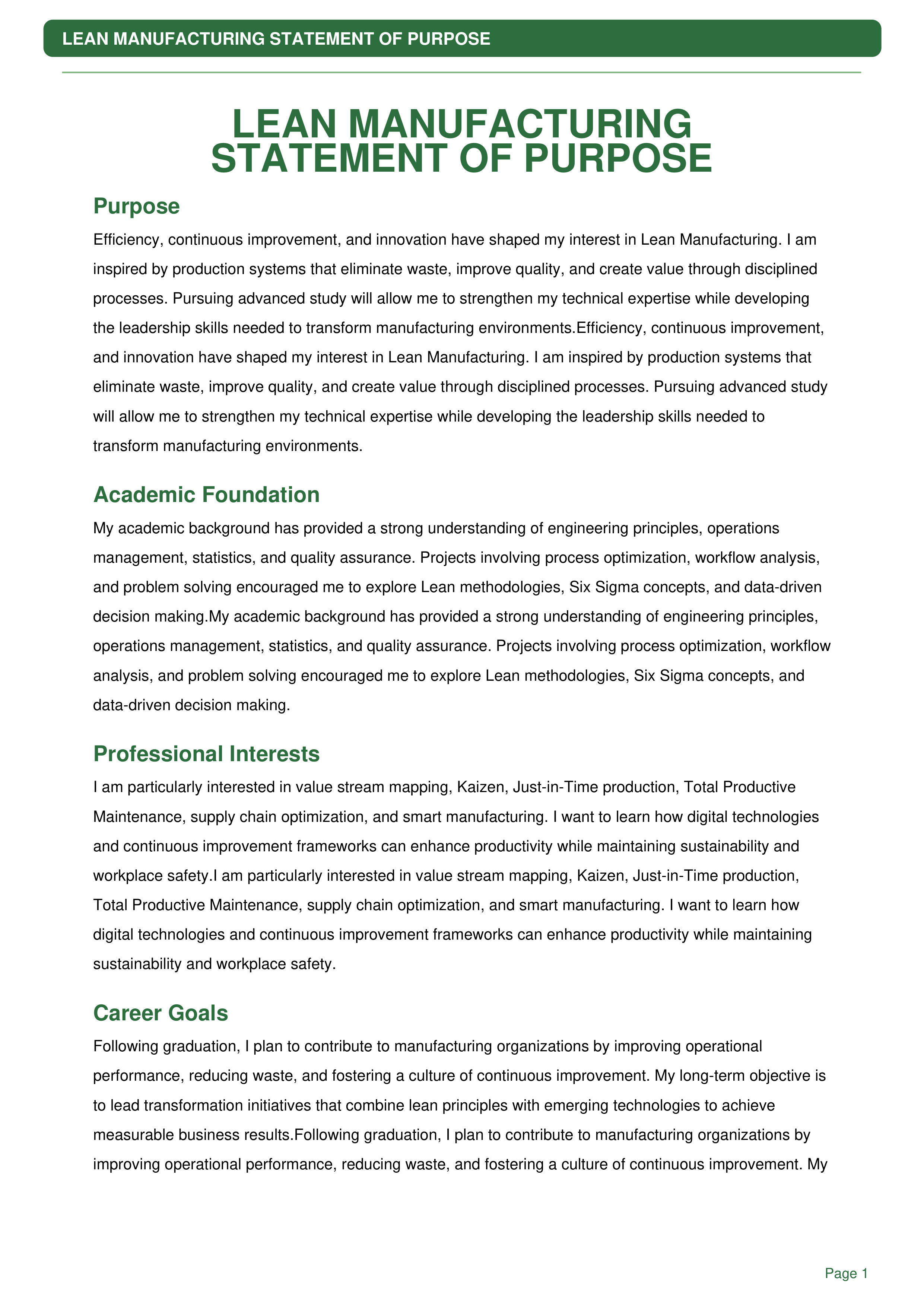 Lean Manufacturing Statement of Purpose — page 1