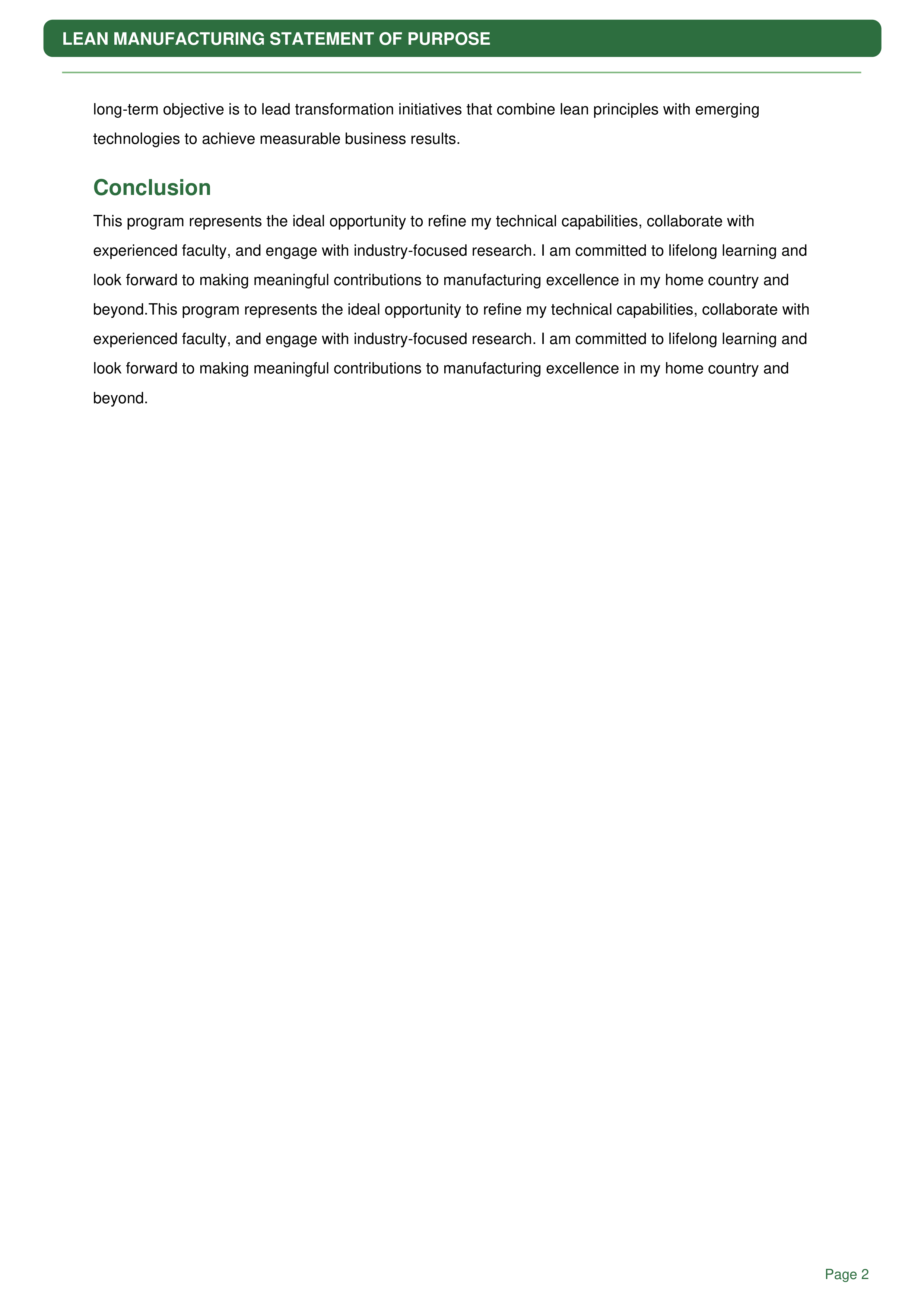 Lean Manufacturing Statement of Purpose — page 2