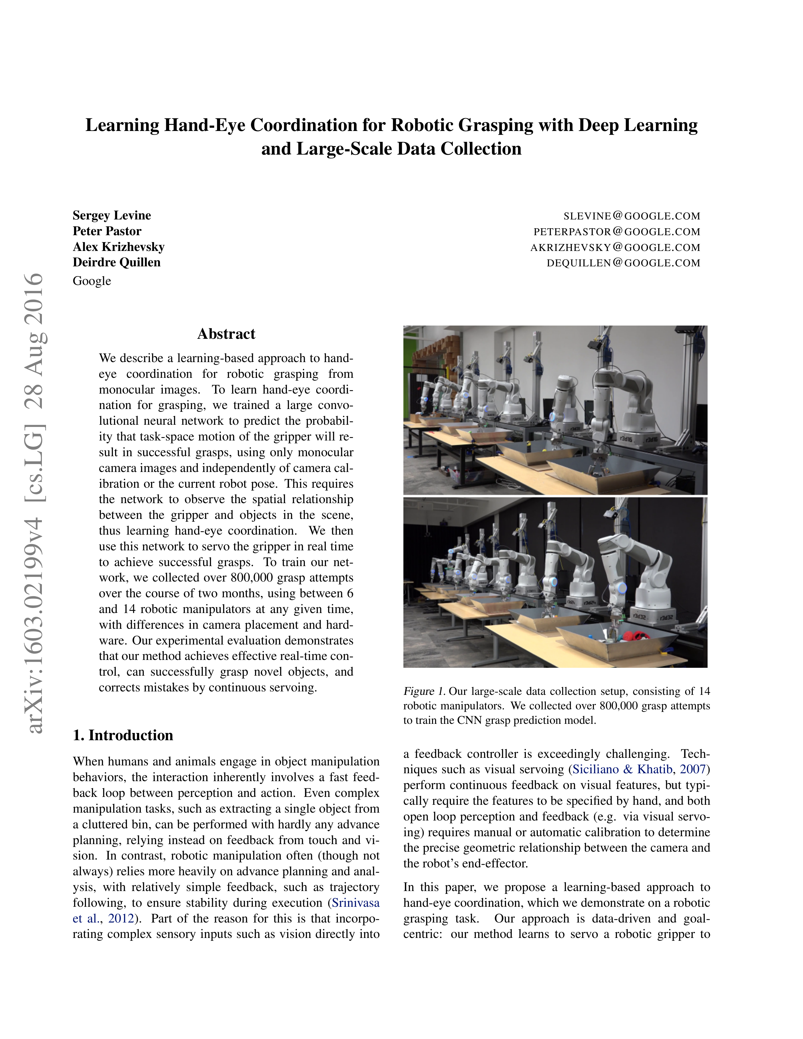 Learning Hand-Eye Coordination for Robotic Grasping Research Paper by Google — page 1