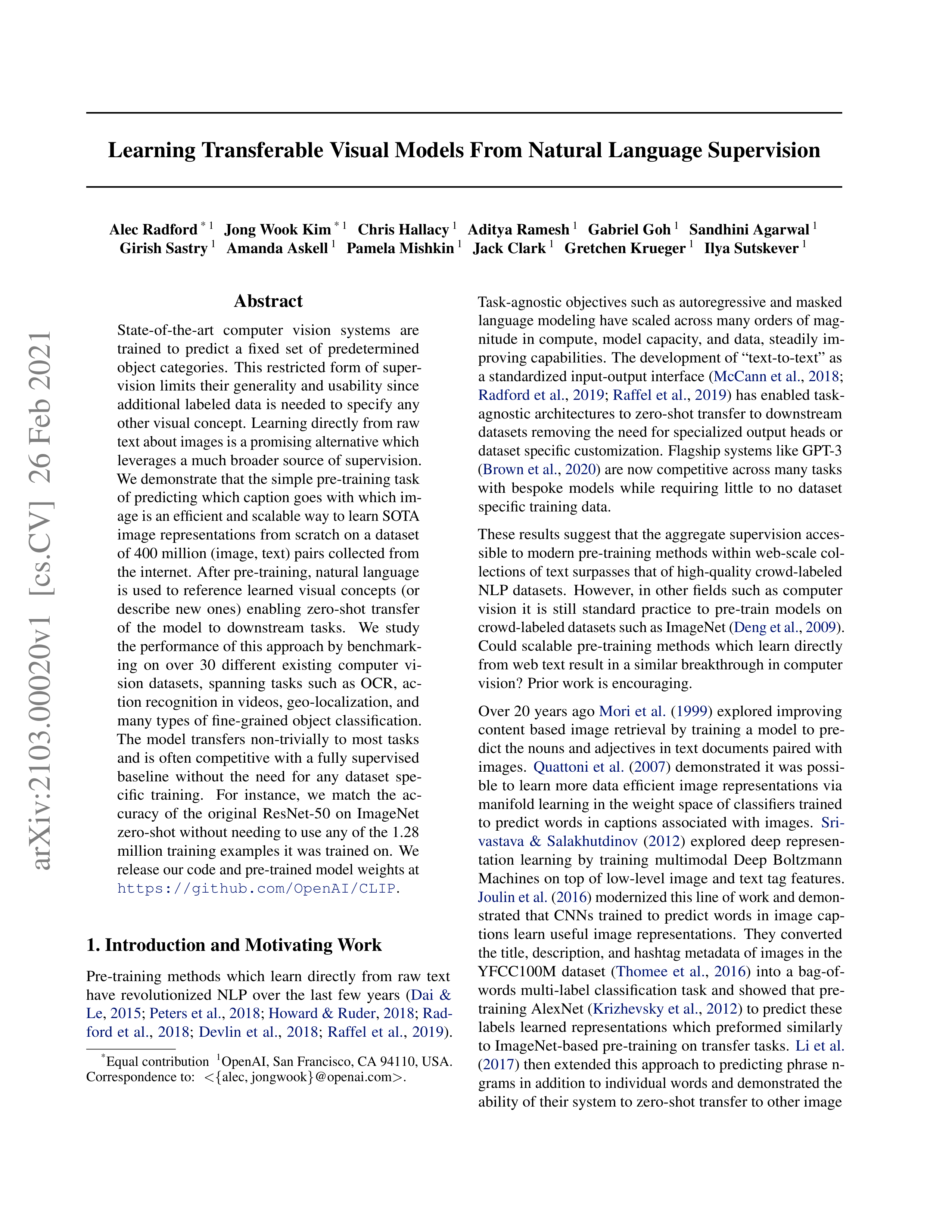 Learning Transferable Visual Models Research Paper by OpenAI — page 1