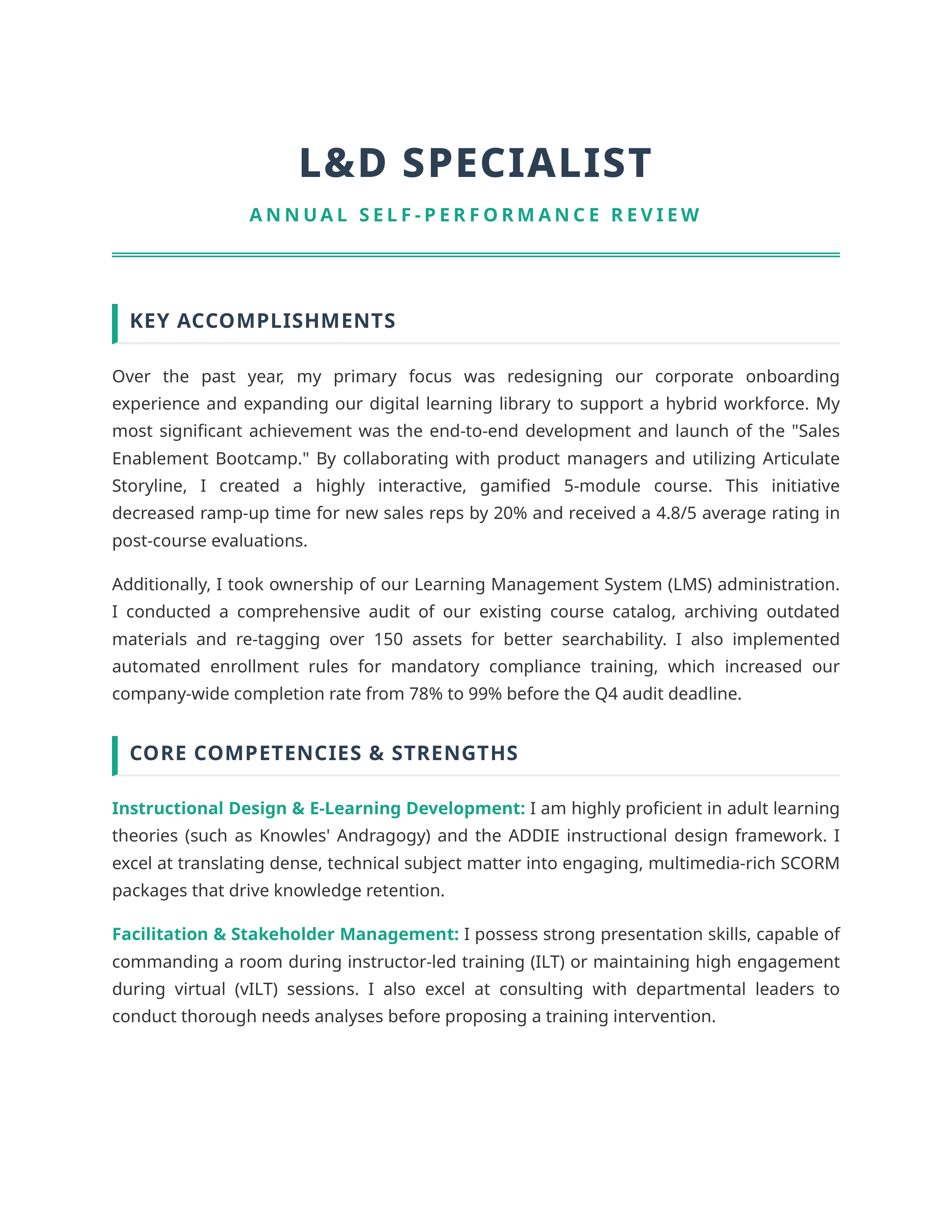Learning and Development Specialist Self Performance Review — page 1