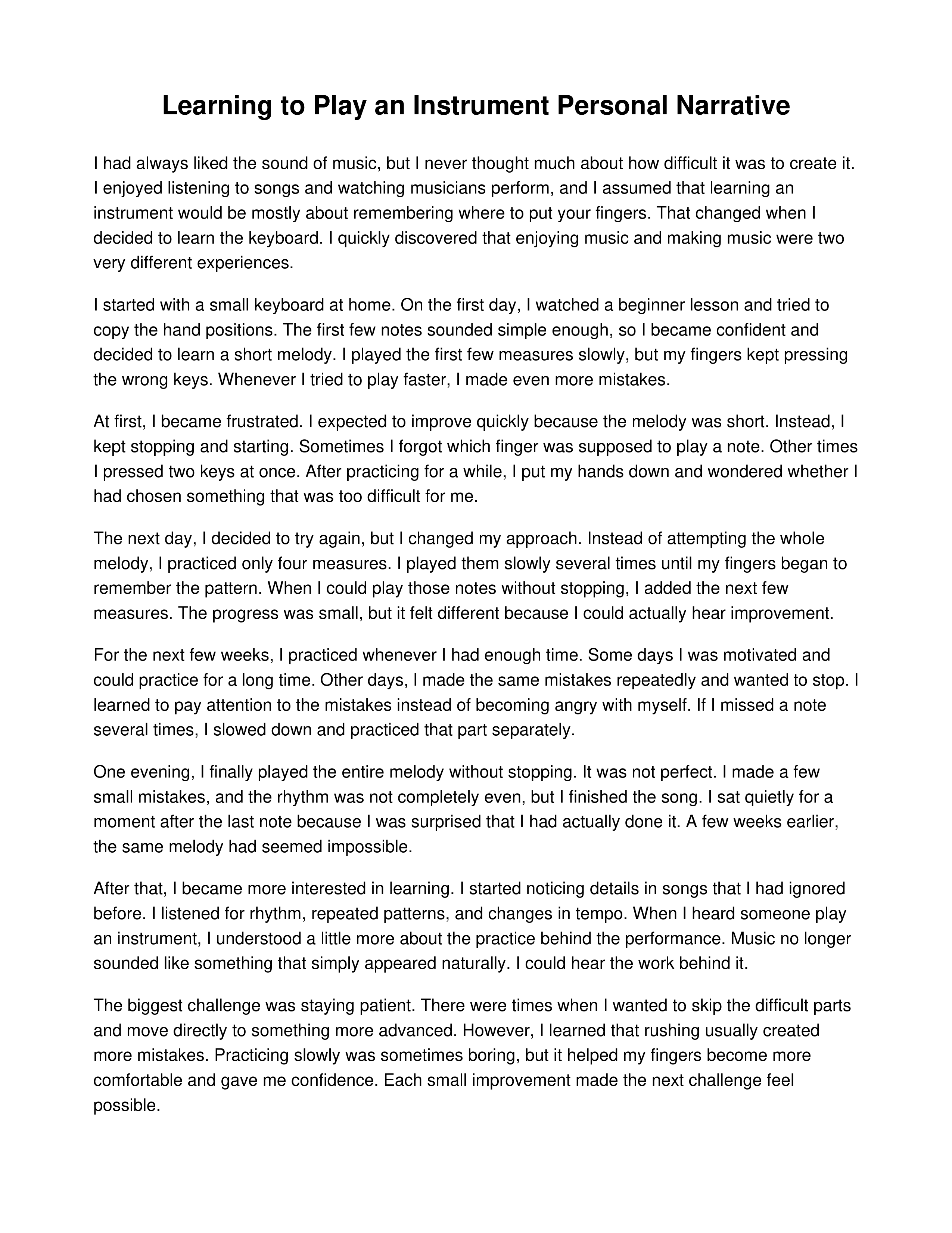 Learning to Play an Instrument Personal Narrative — page 1