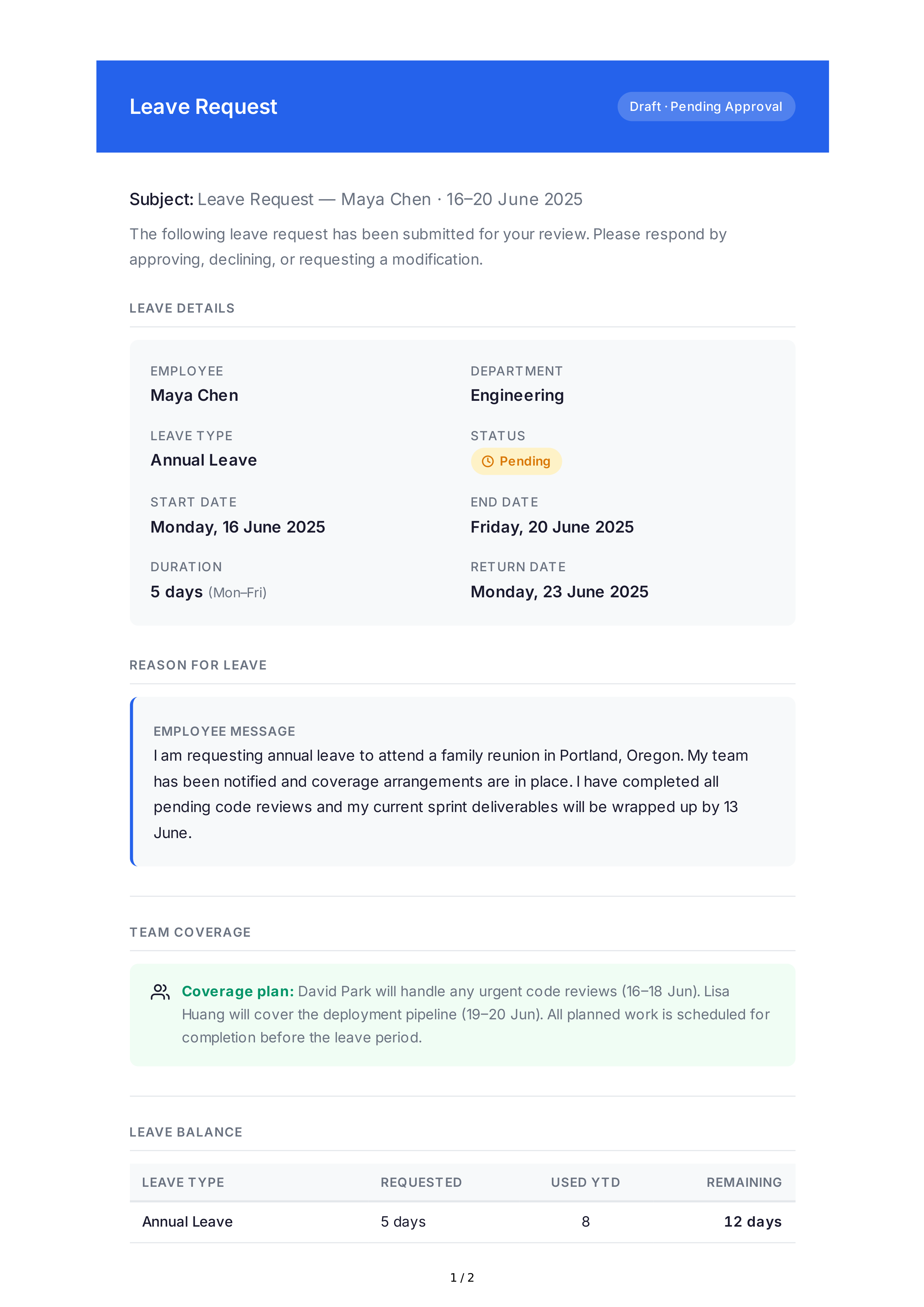 Leave Request Email — page 1