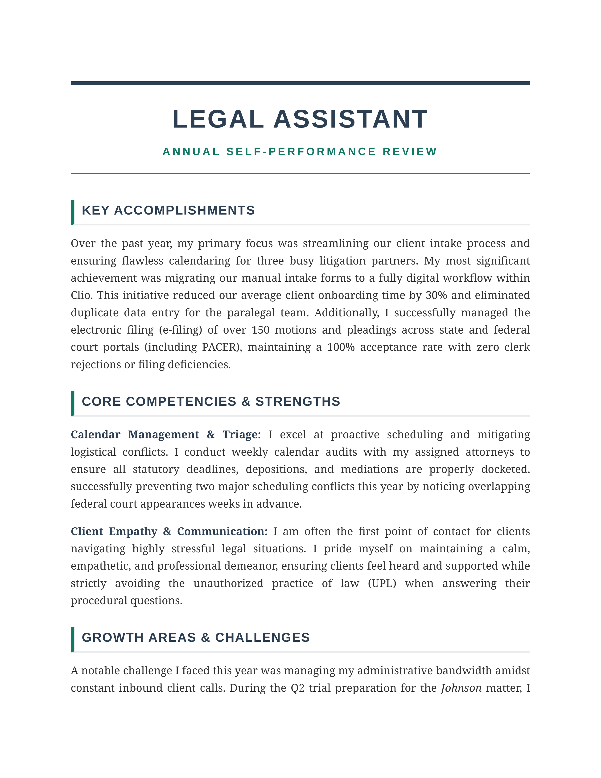 Legal Assistant Self Performance Review - AI Self Performance Review Generator — page 1