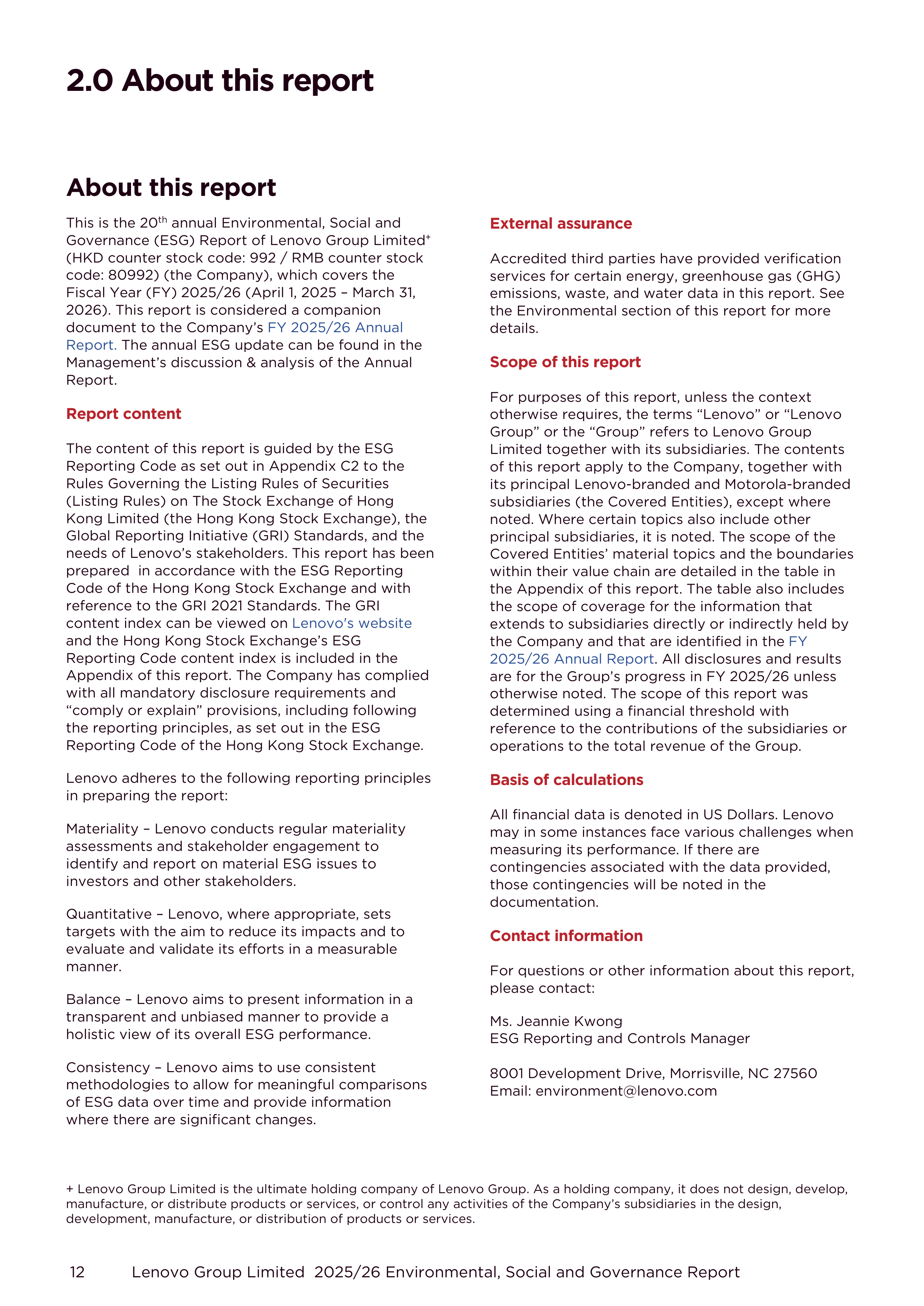 Lenovo Environmental Social Governance Report — page 12