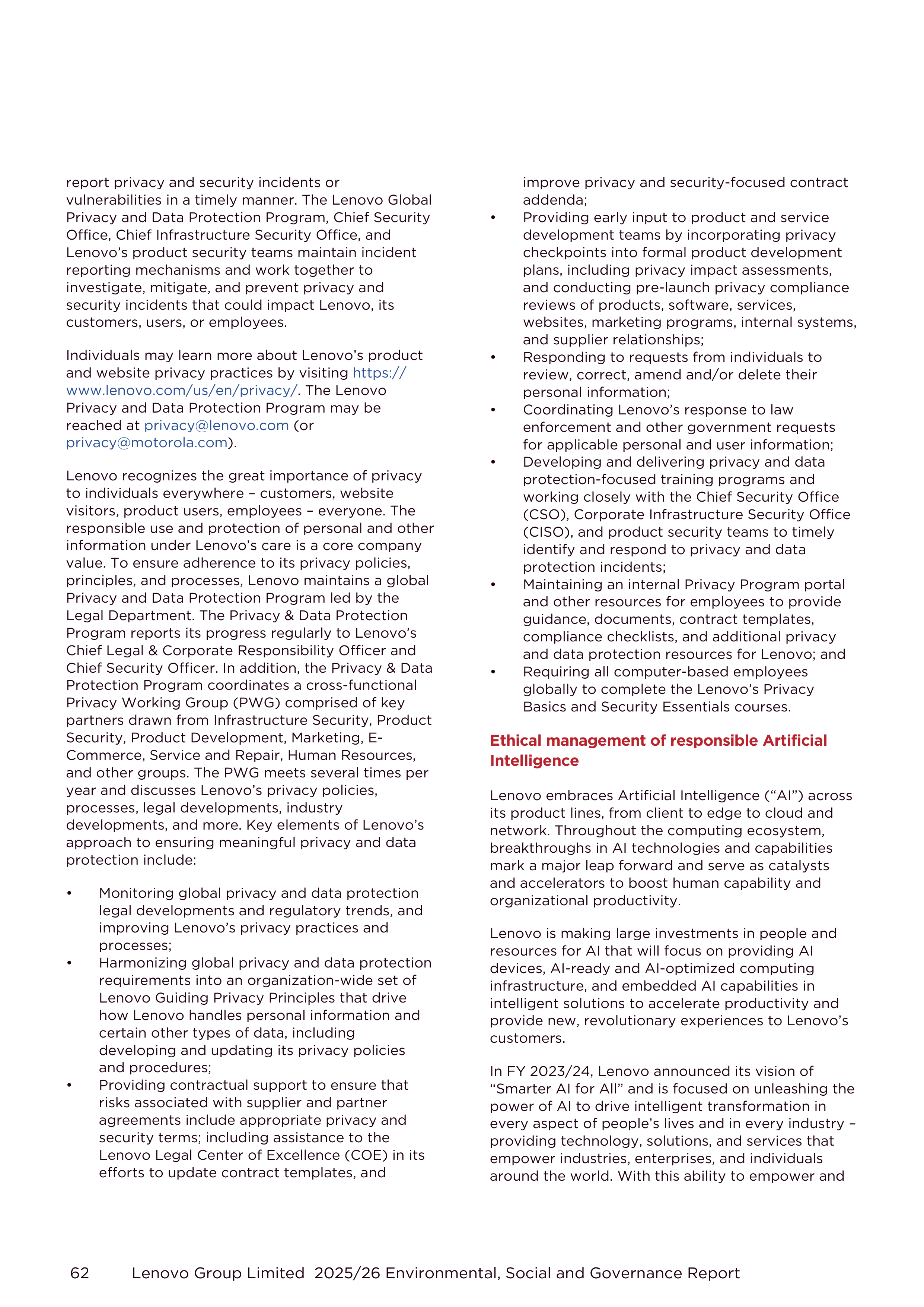 Lenovo Environmental Social Governance Report — page 62