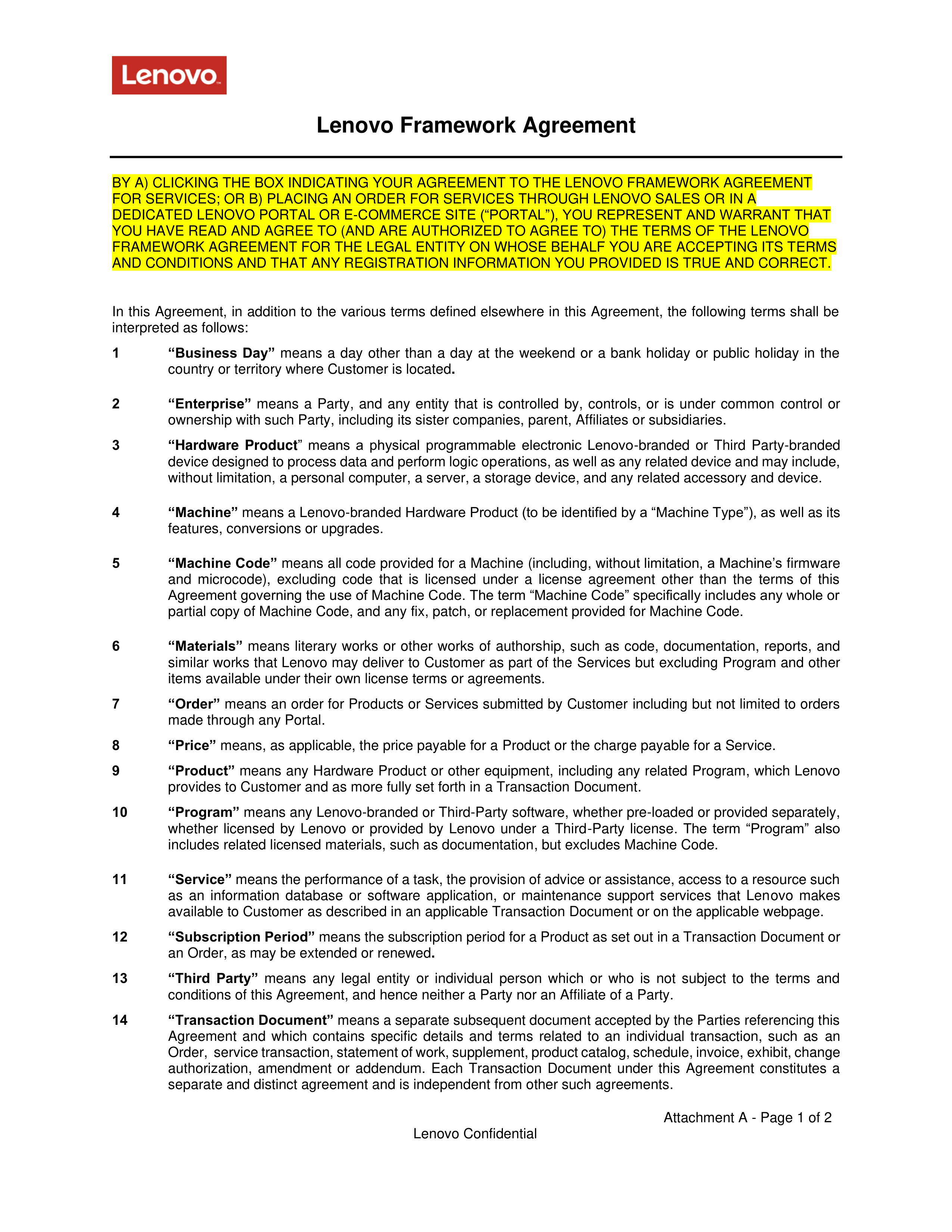 Lenovo Framework Agreement — page 1