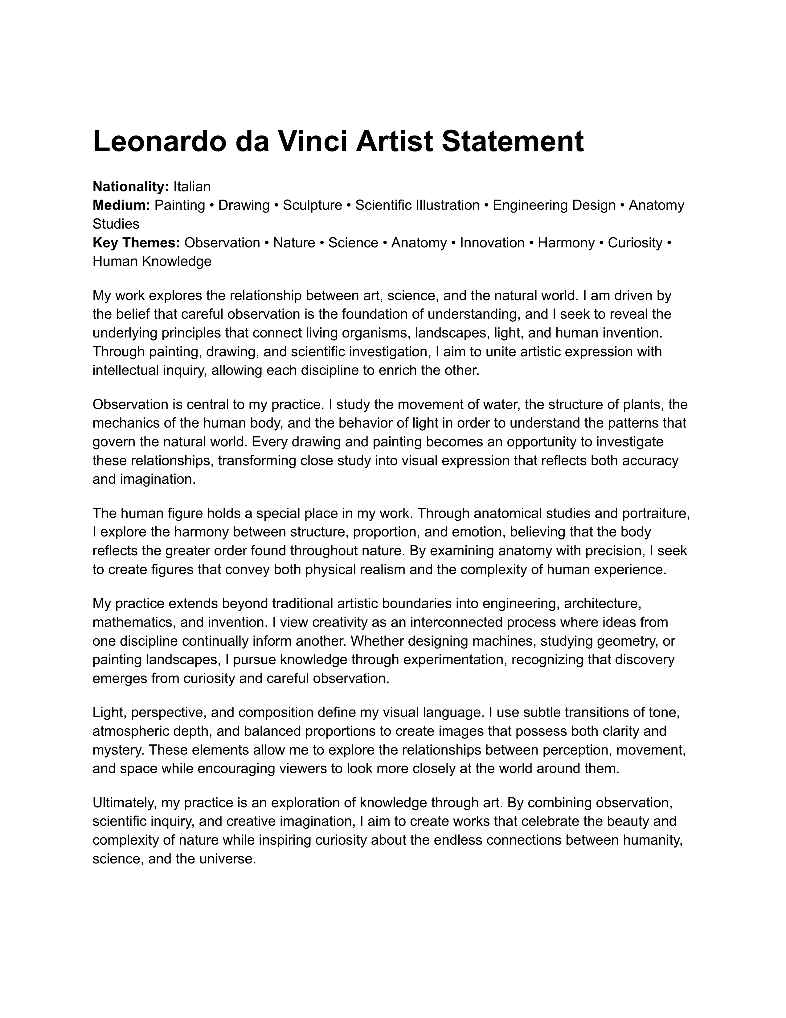 Leonardo da Vinci Artist Statement — page 1