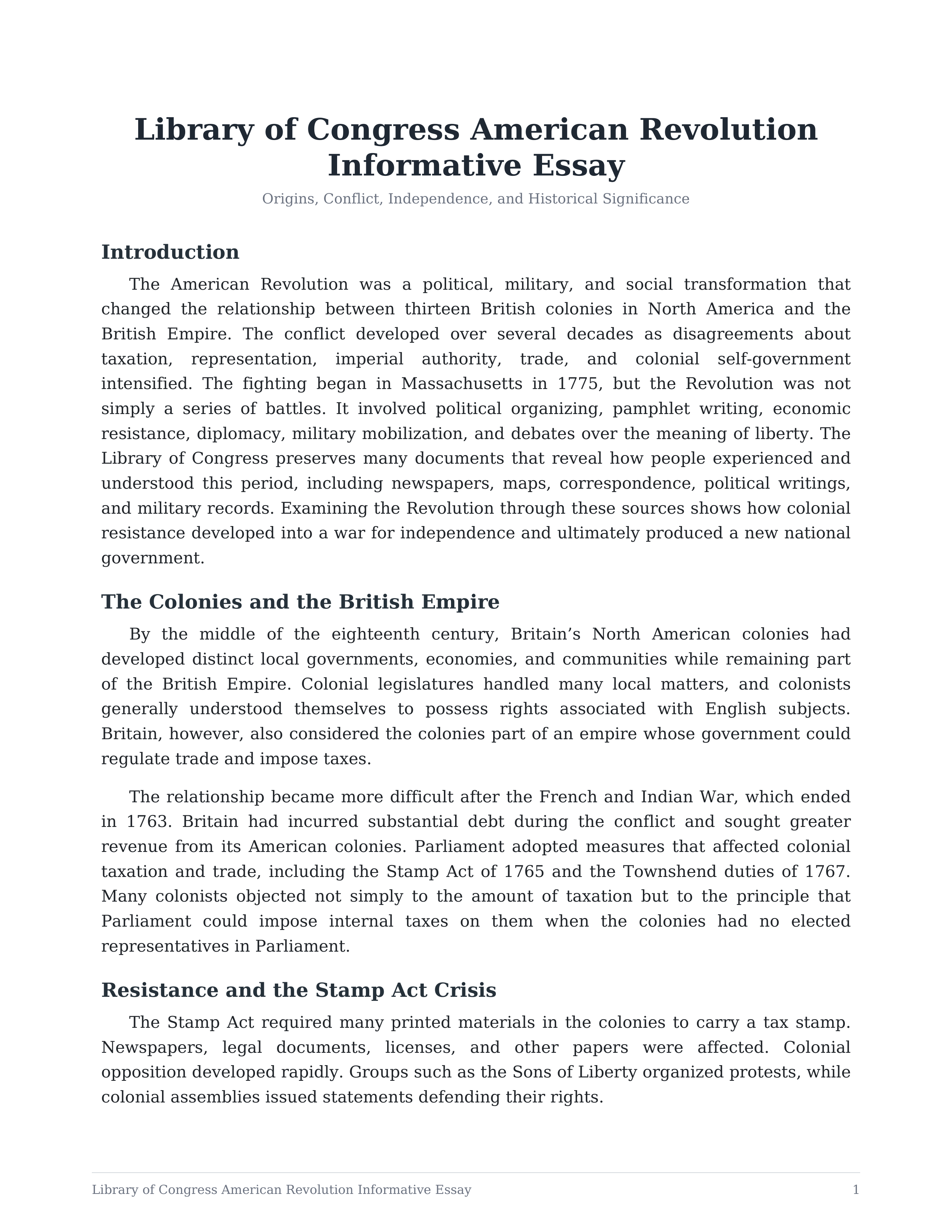 Library of Congress American Revolution Informative Essay — page 1