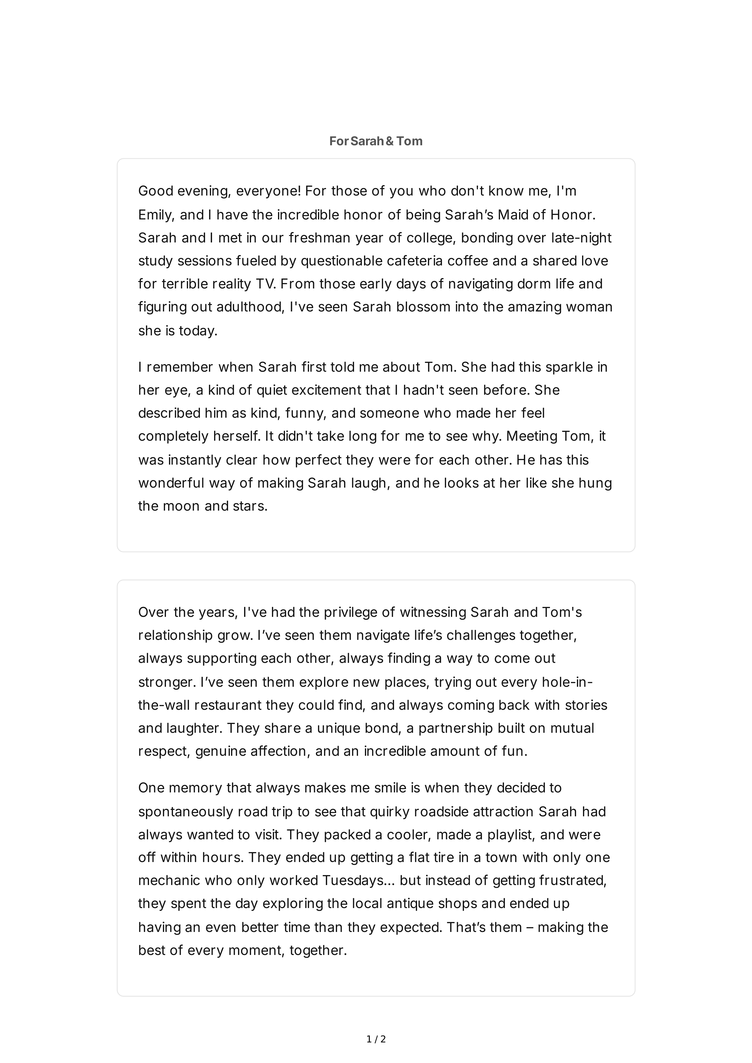 Lighthearted Maid of Honor Speech — page 1