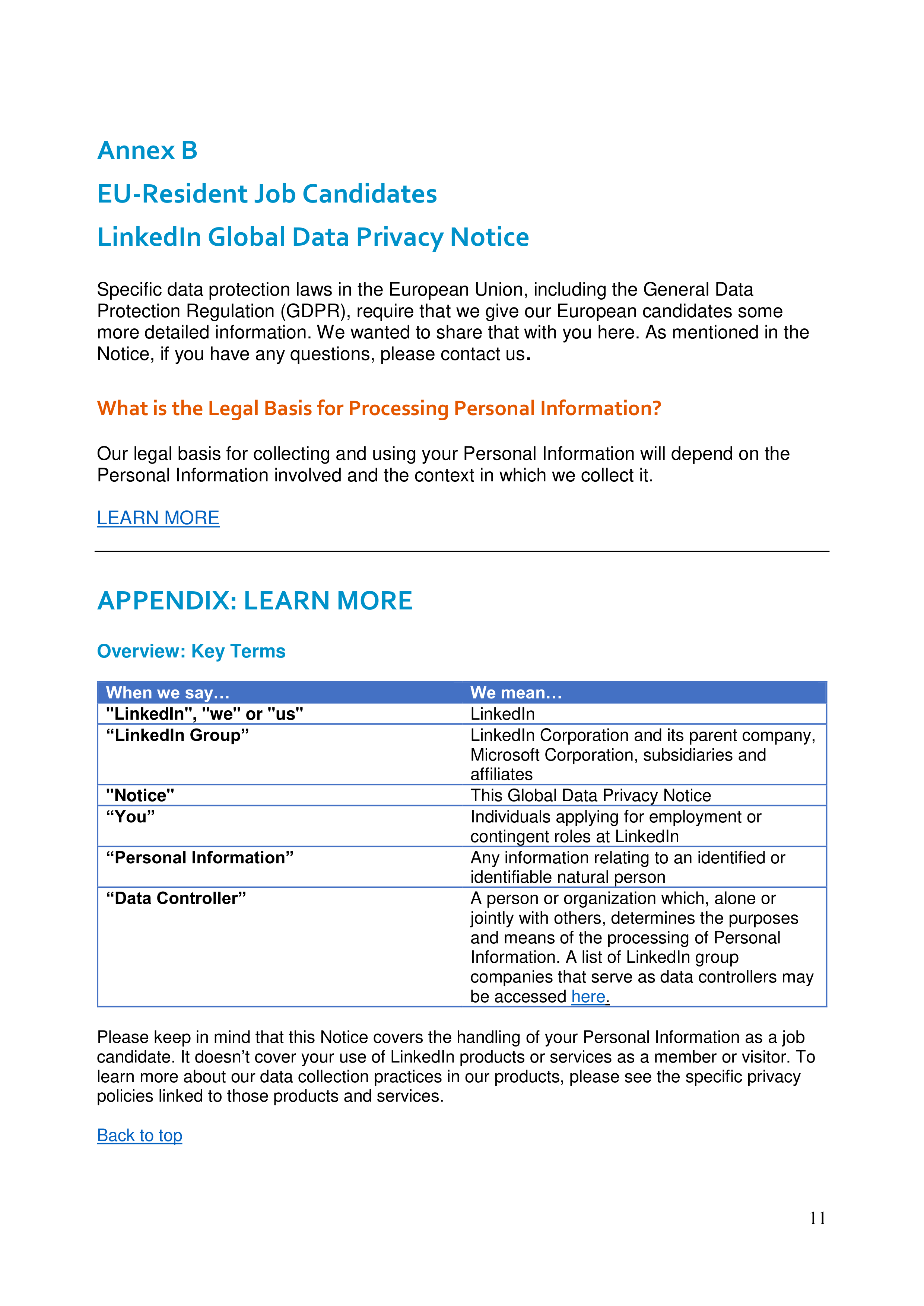 LinkedIn Global Candidate Privacy Notice — page 11