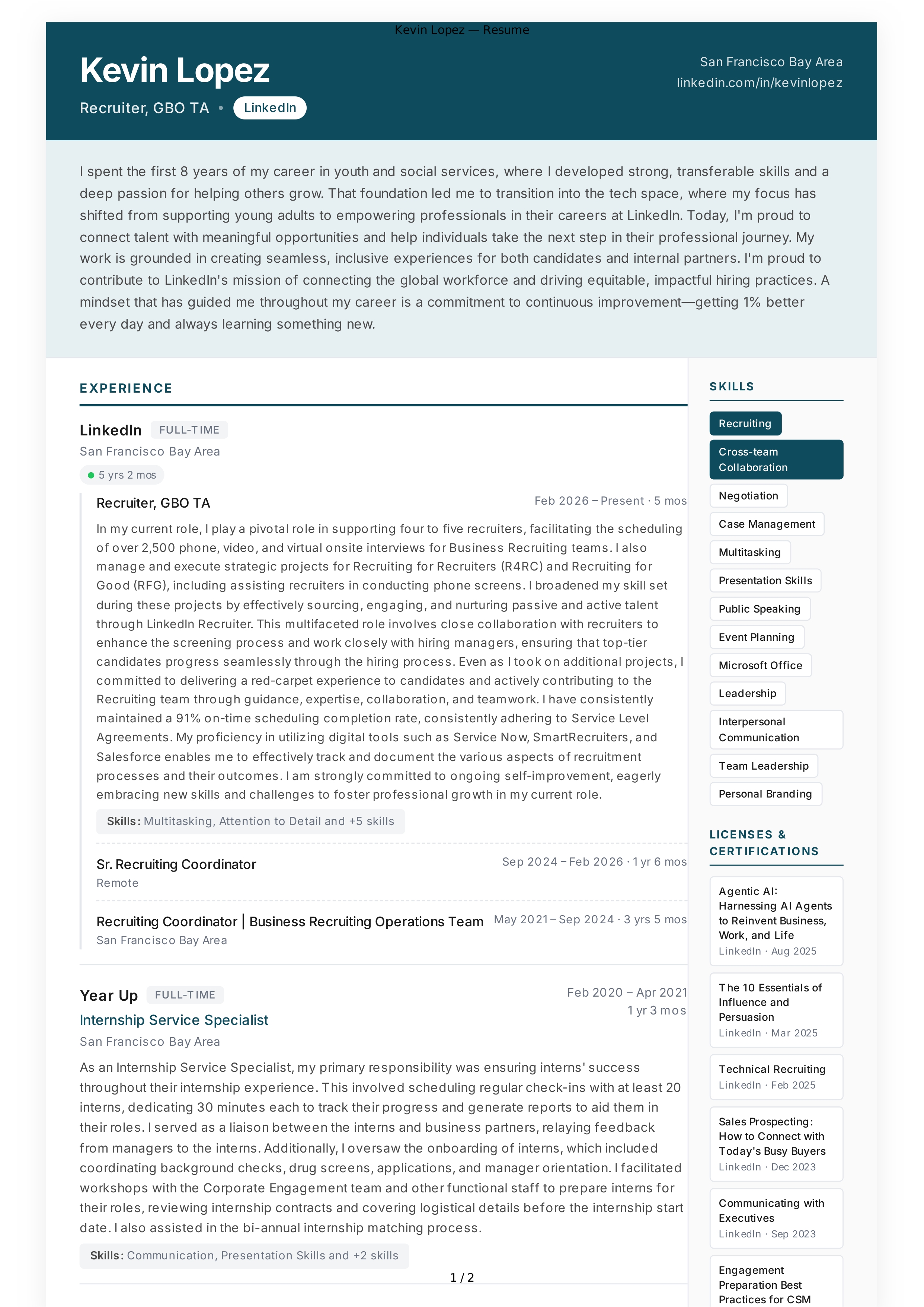 LinkedIn Recruiter Resume — page 1