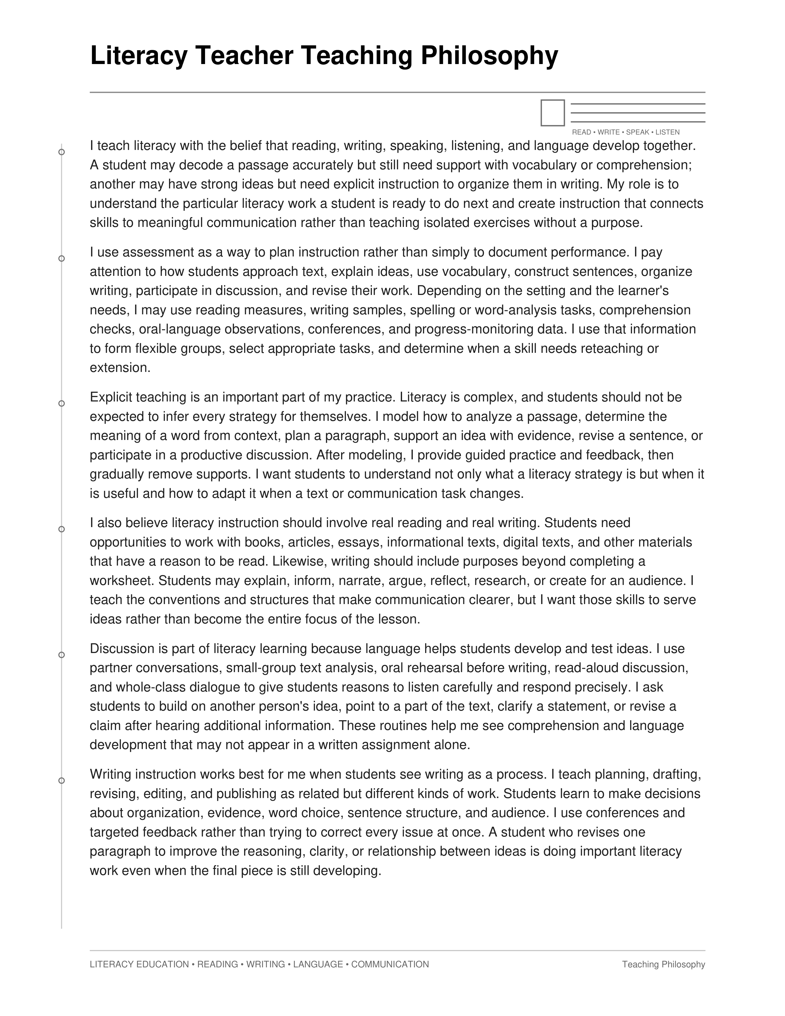 Literacy Teacher Teaching Philosophy — page 1
