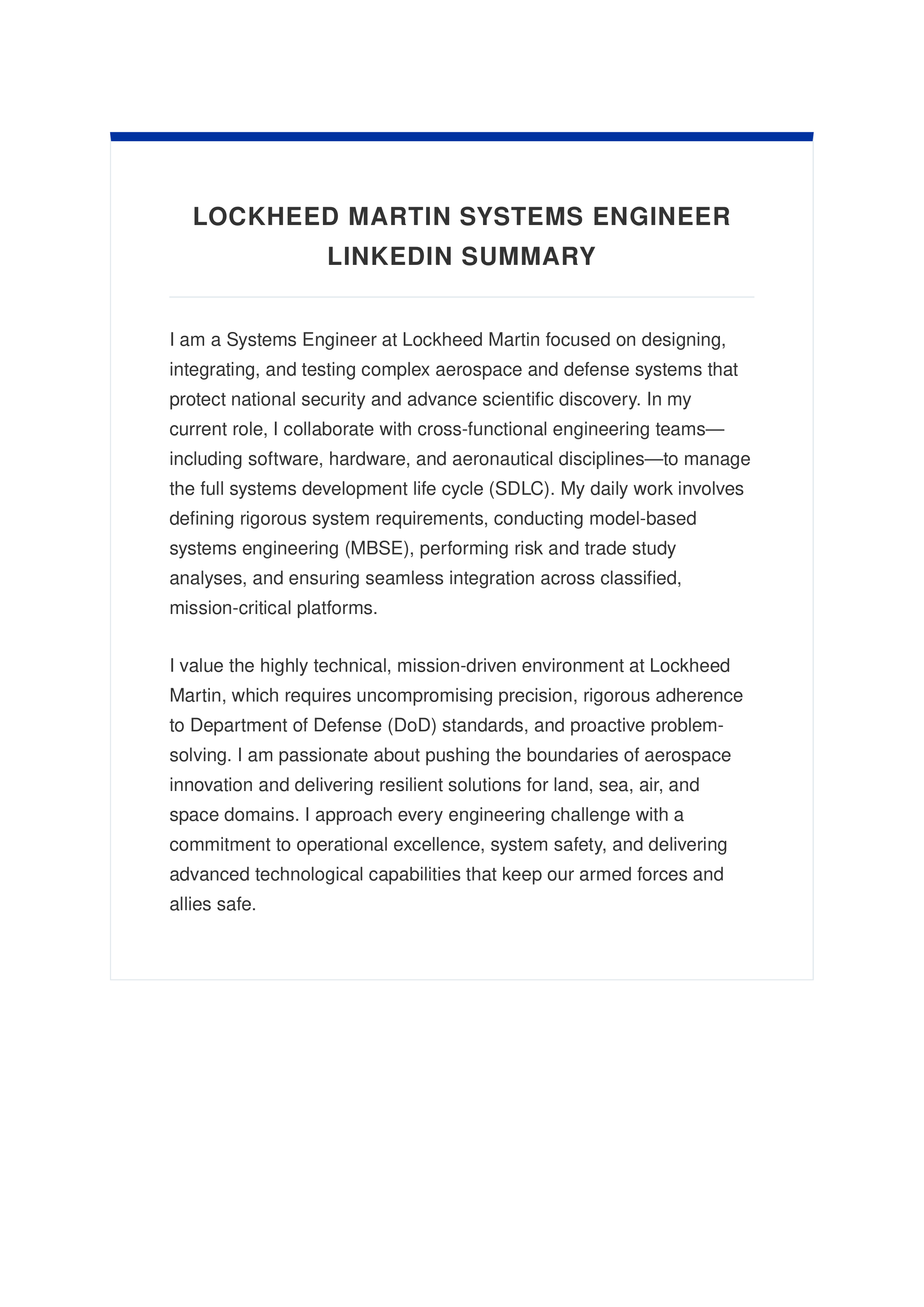 Lockheed Martin Systems Engineer LinkedIn Summary — page 1