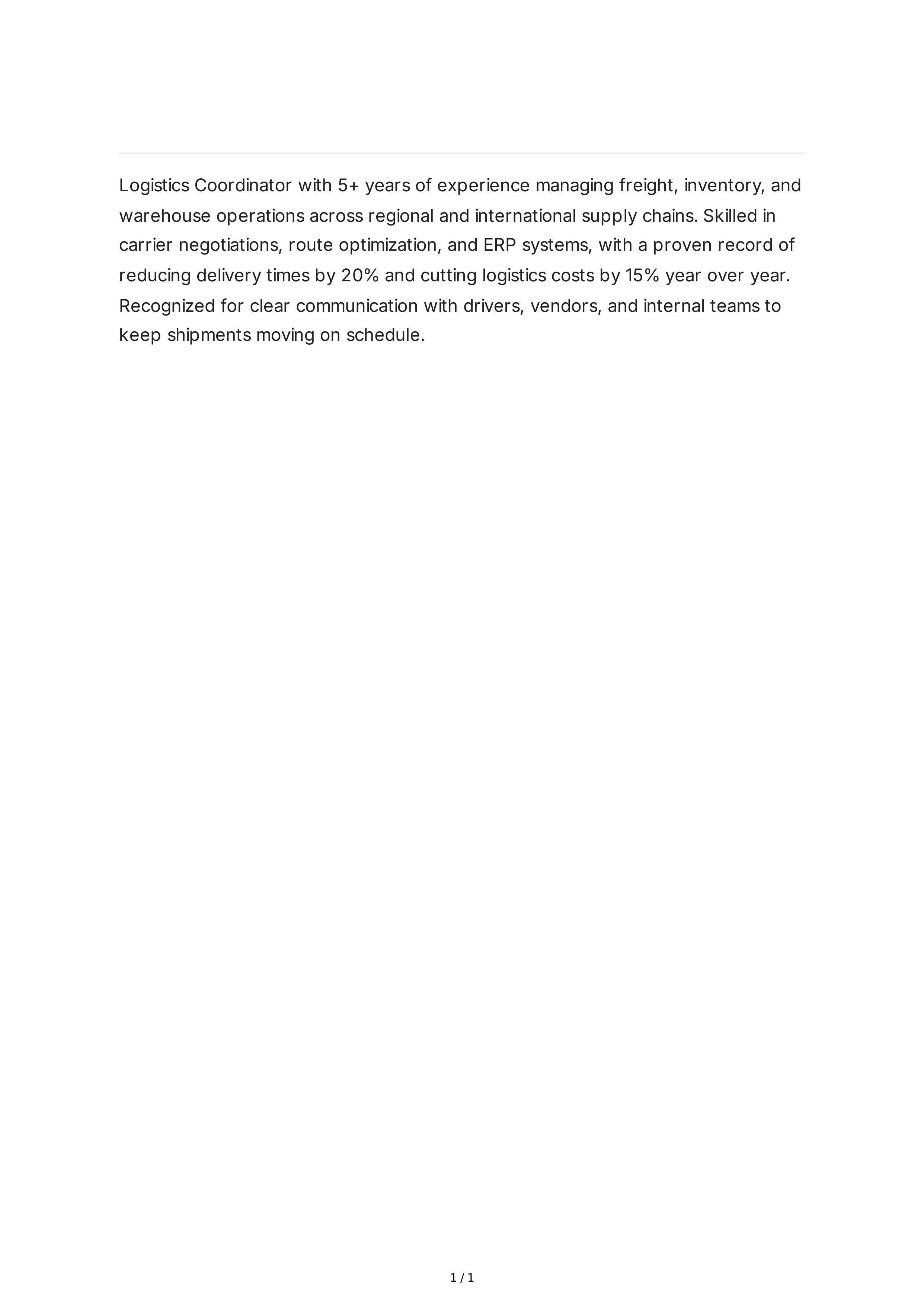 Logistics Coordinator Resume Summary — page 1