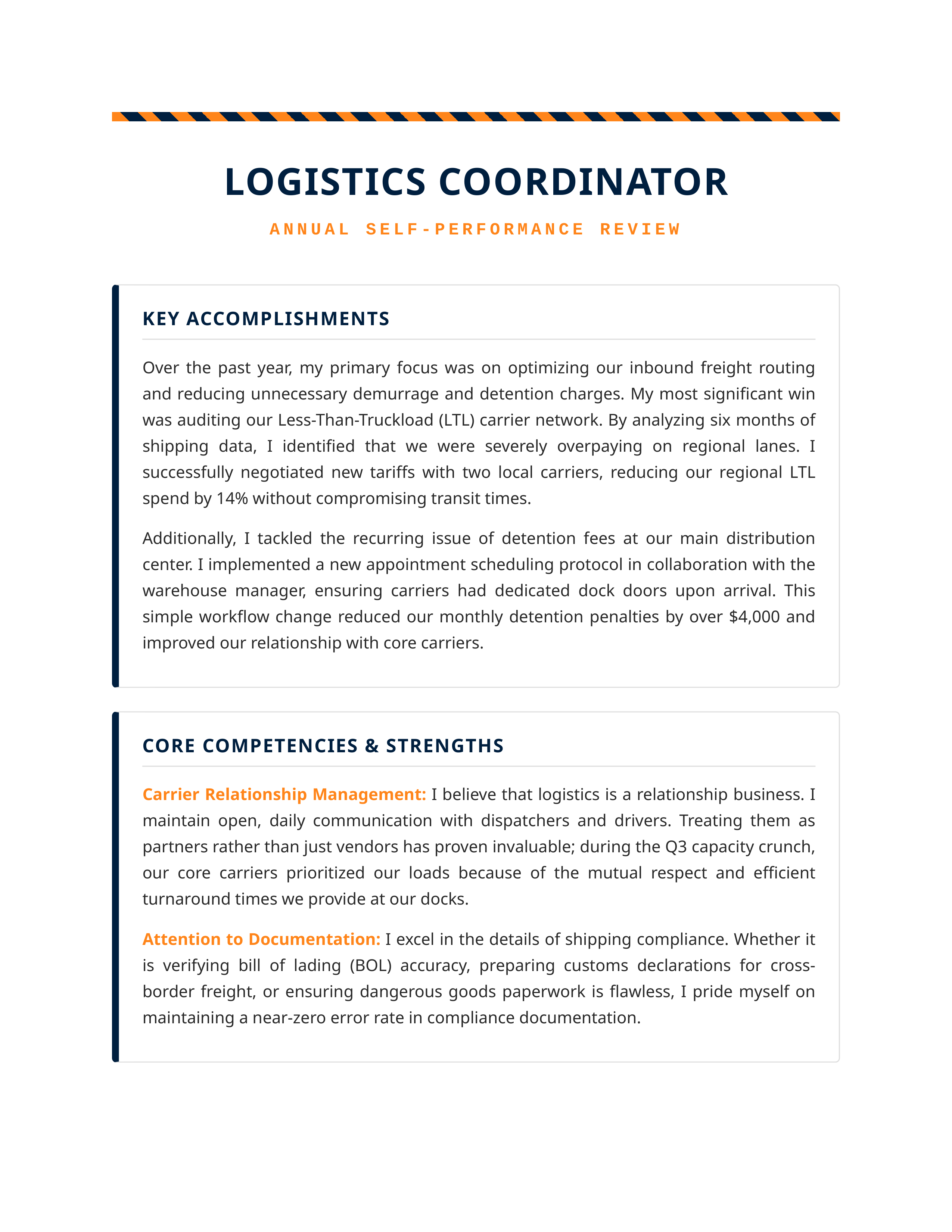 Logistics Coordinator Self Performance Review — page 1