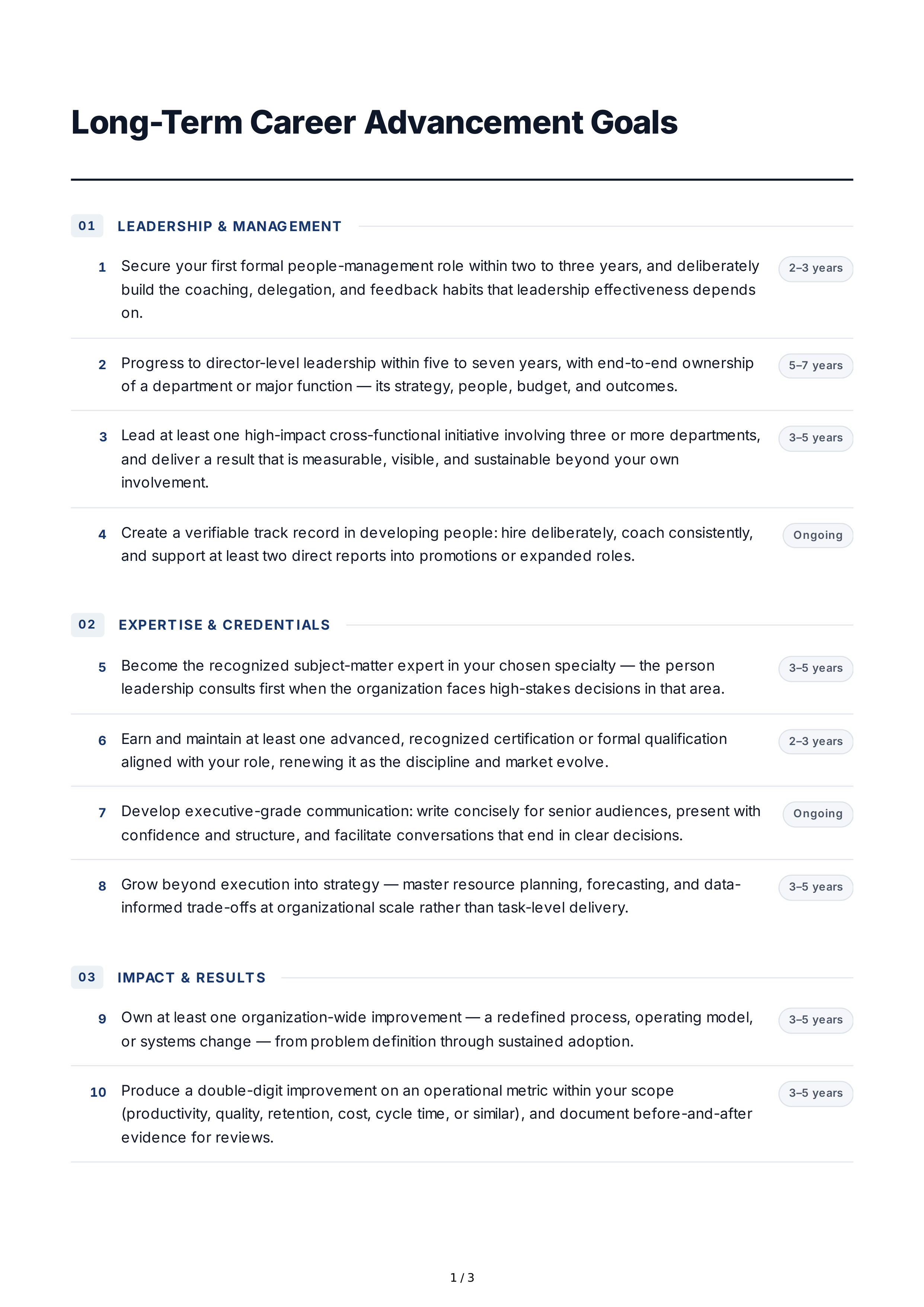 Long-Term Career Advancement Goals — page 1