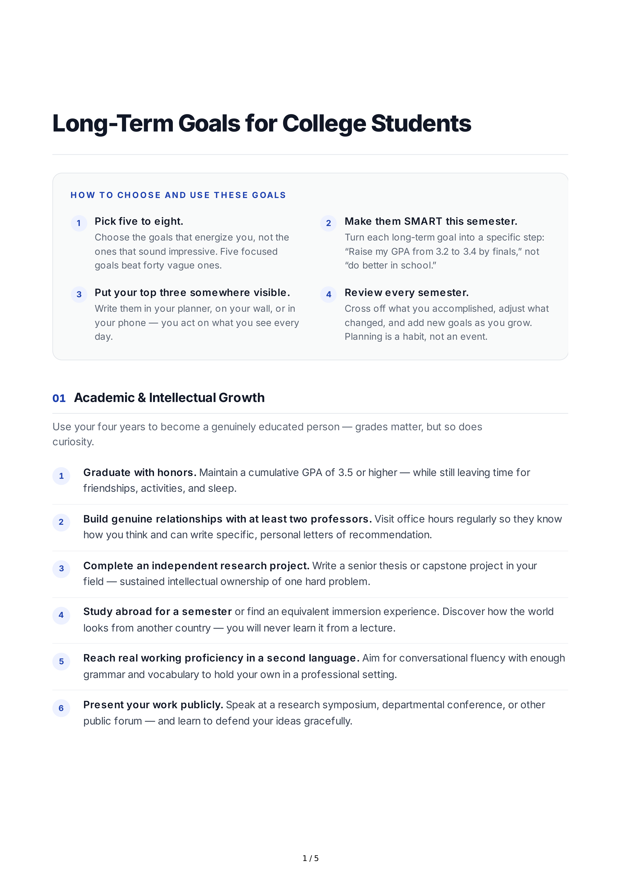 Long-Term Goals for College Students — page 1