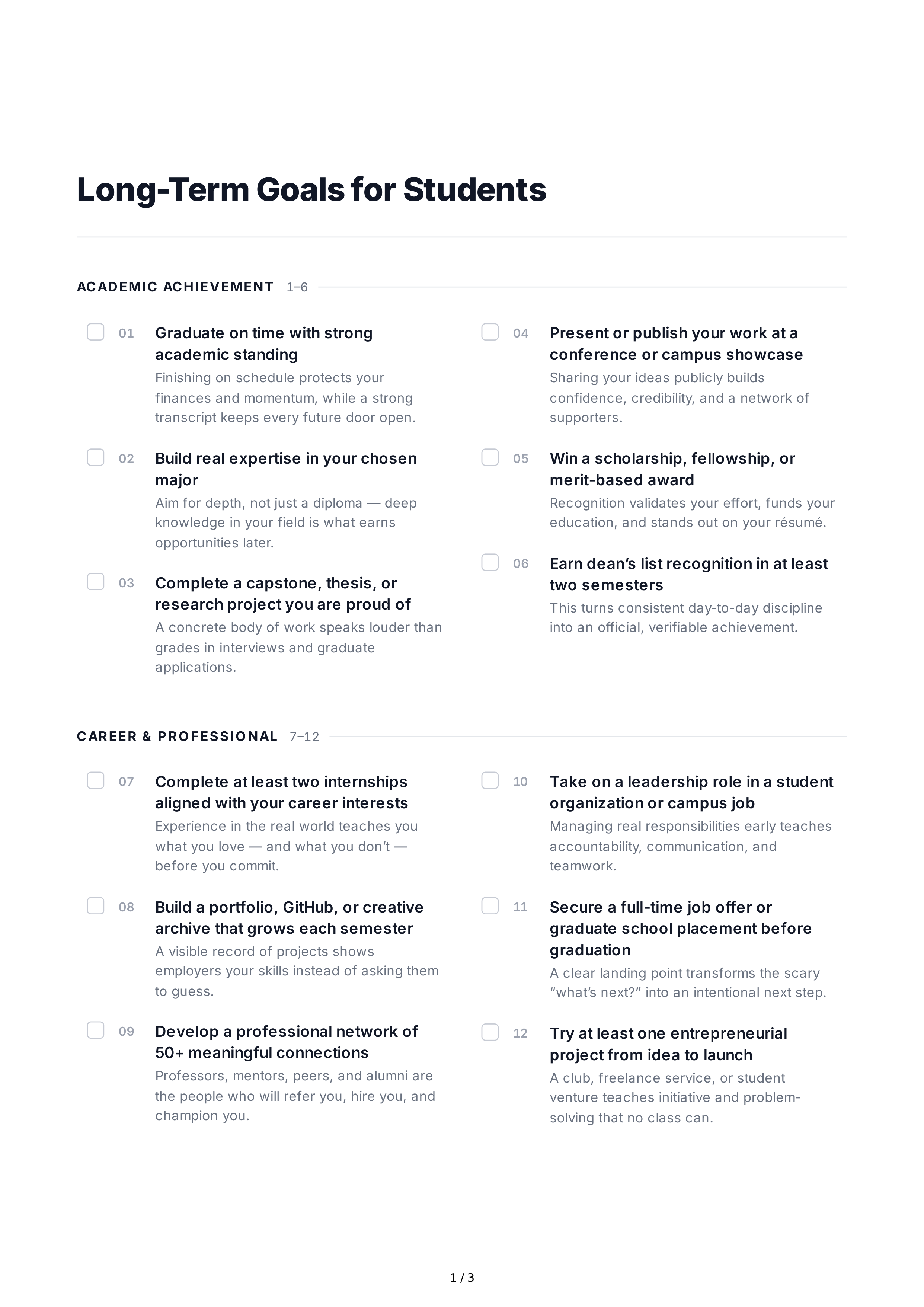 Long-Term Goals for Students — page 1