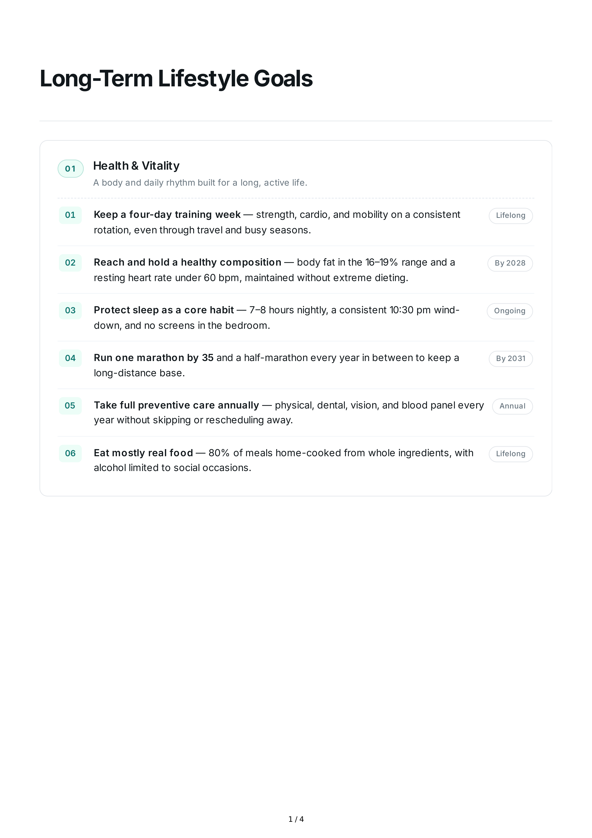 Long-Term Lifestyle Goals — page 1