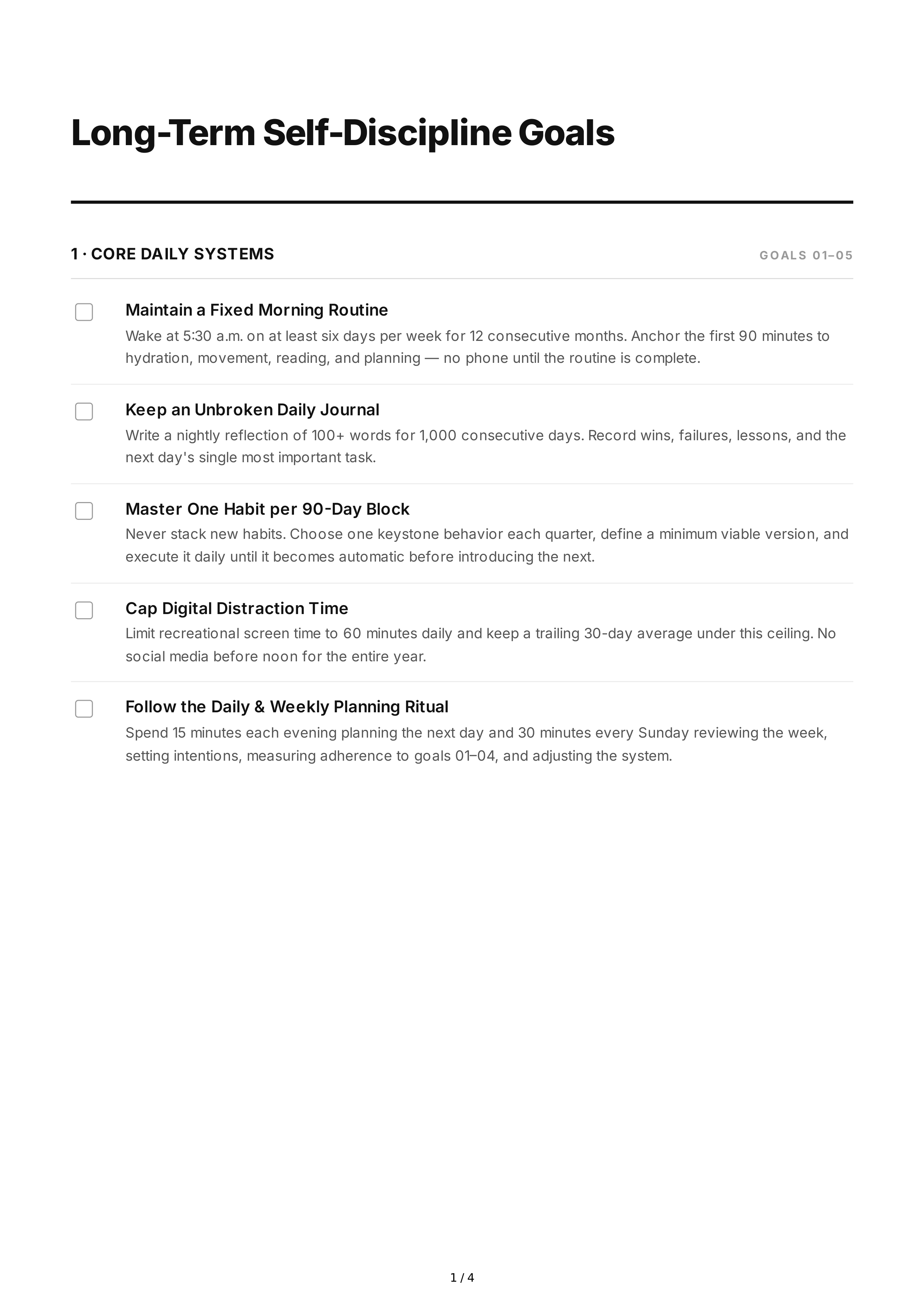 Long-Term Self-Discipline Goals — page 1
