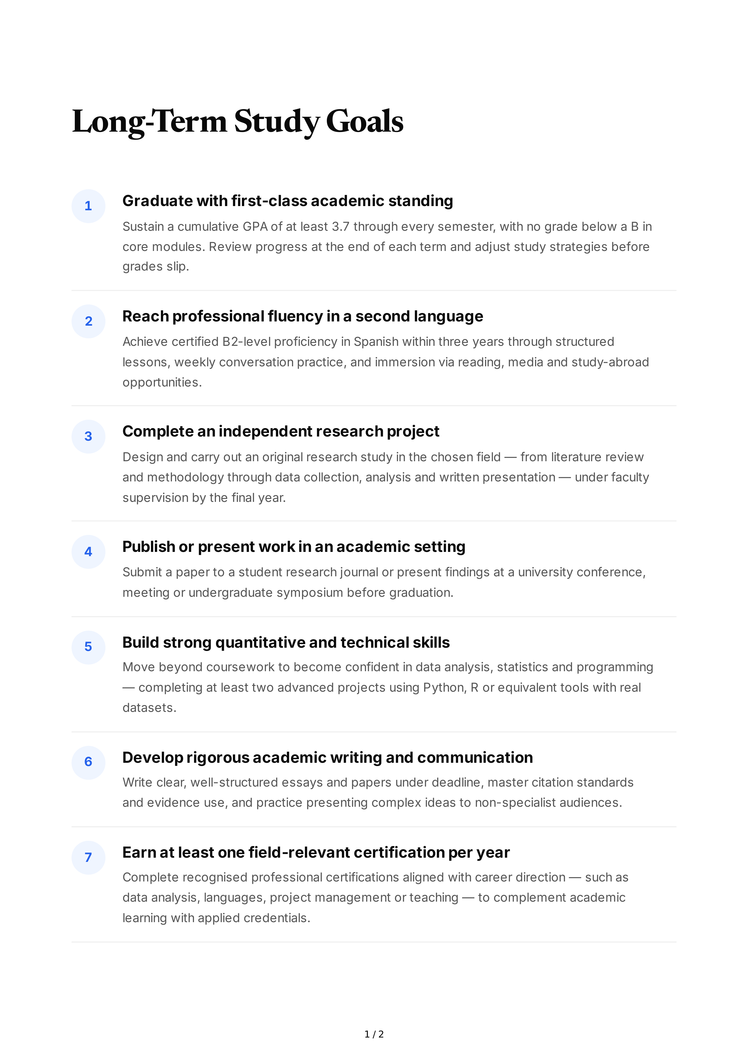 Long-Term Study Goals — page 1