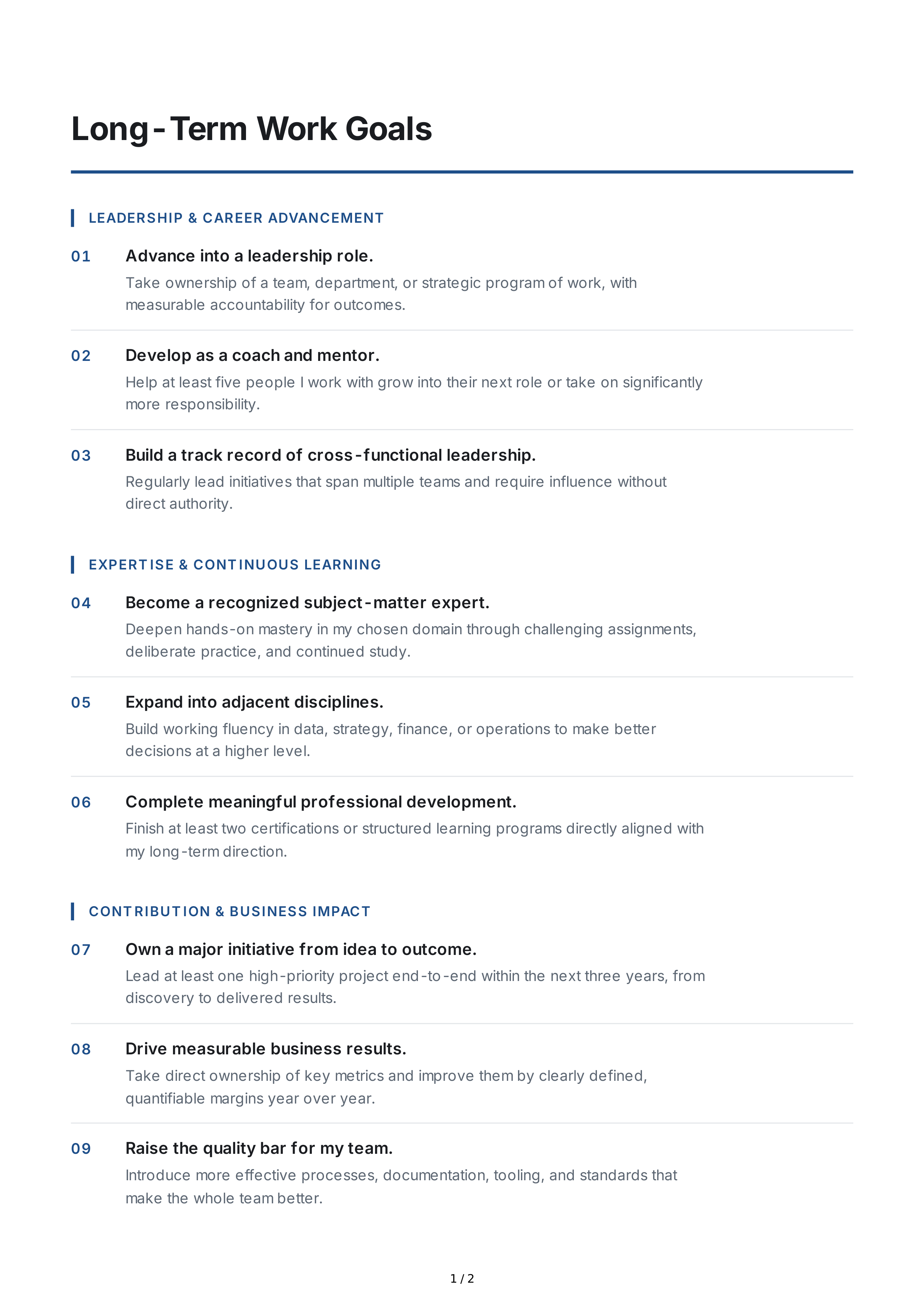 Long-Term Work Goals — page 1