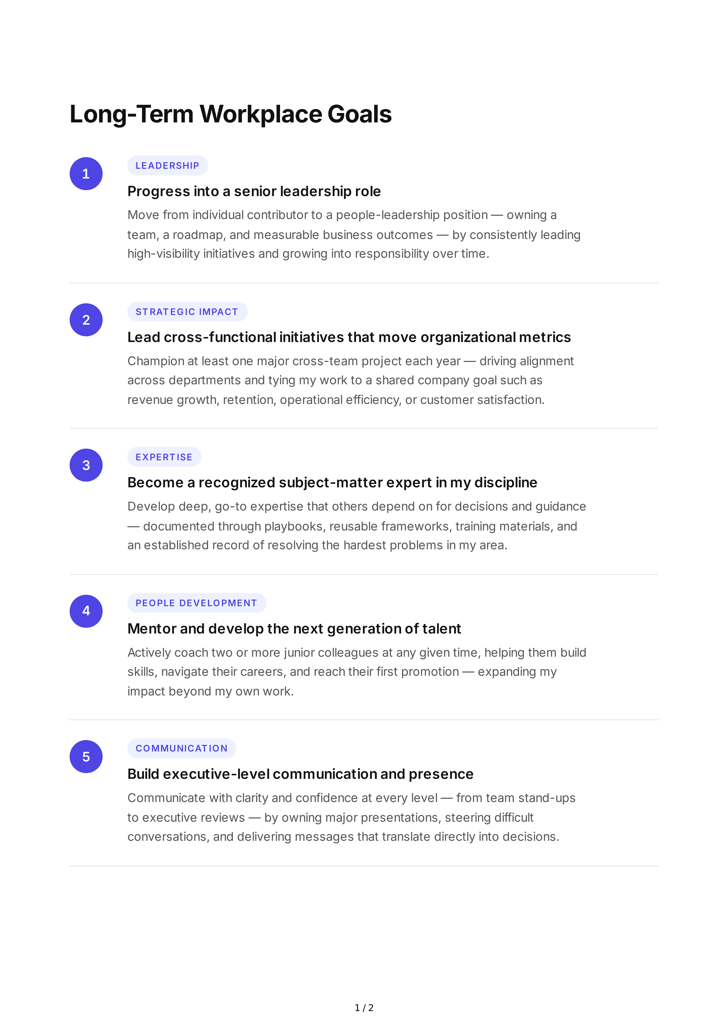Long-Term Workplace Goals — page 1